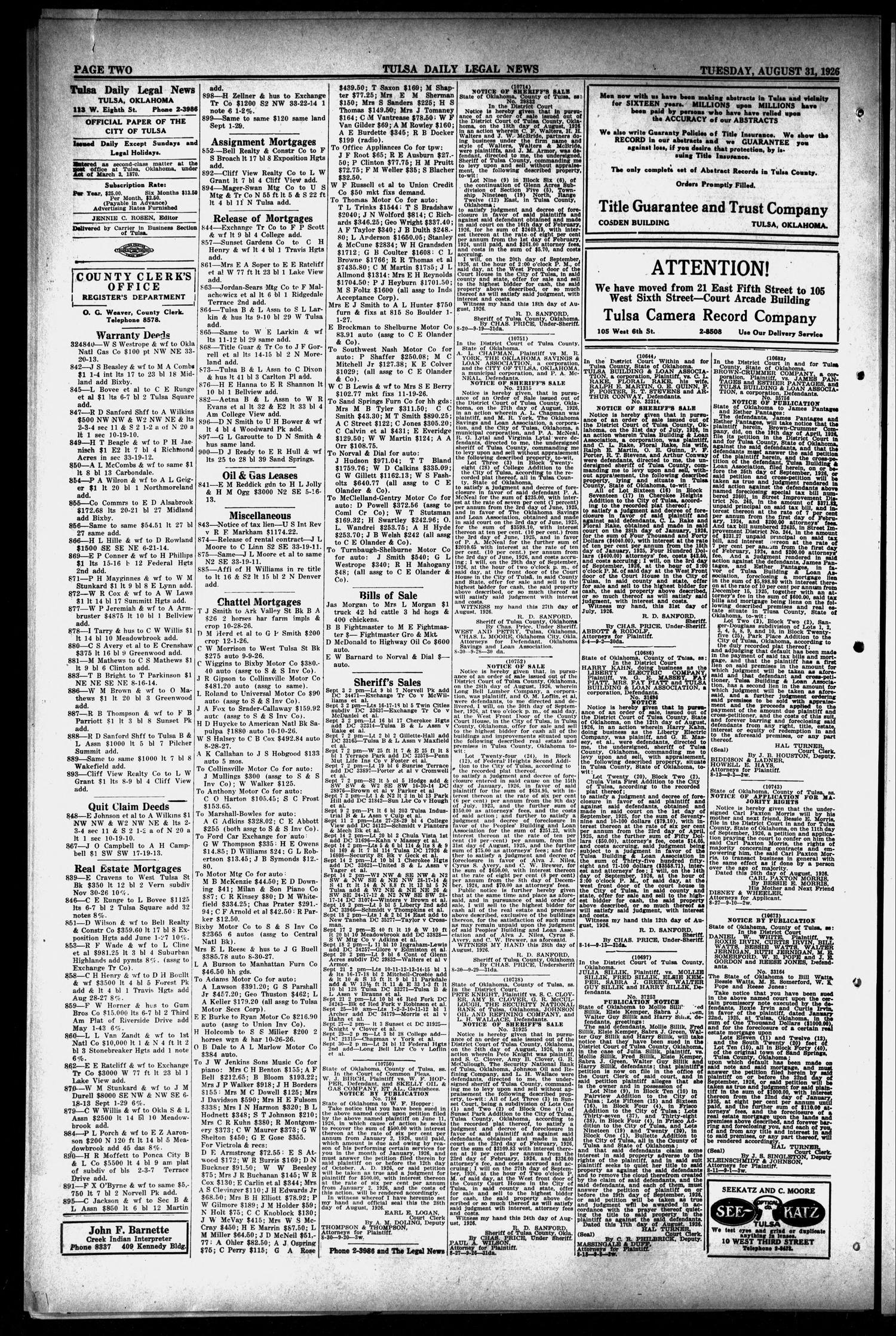 Tulsa Daily Legal News (Tulsa, Okla.), Vol. 30, No. 51, Ed. 1 Tuesday, August 31, 1926
                                                
                                                    [Sequence #]: 2 of 4
                                                