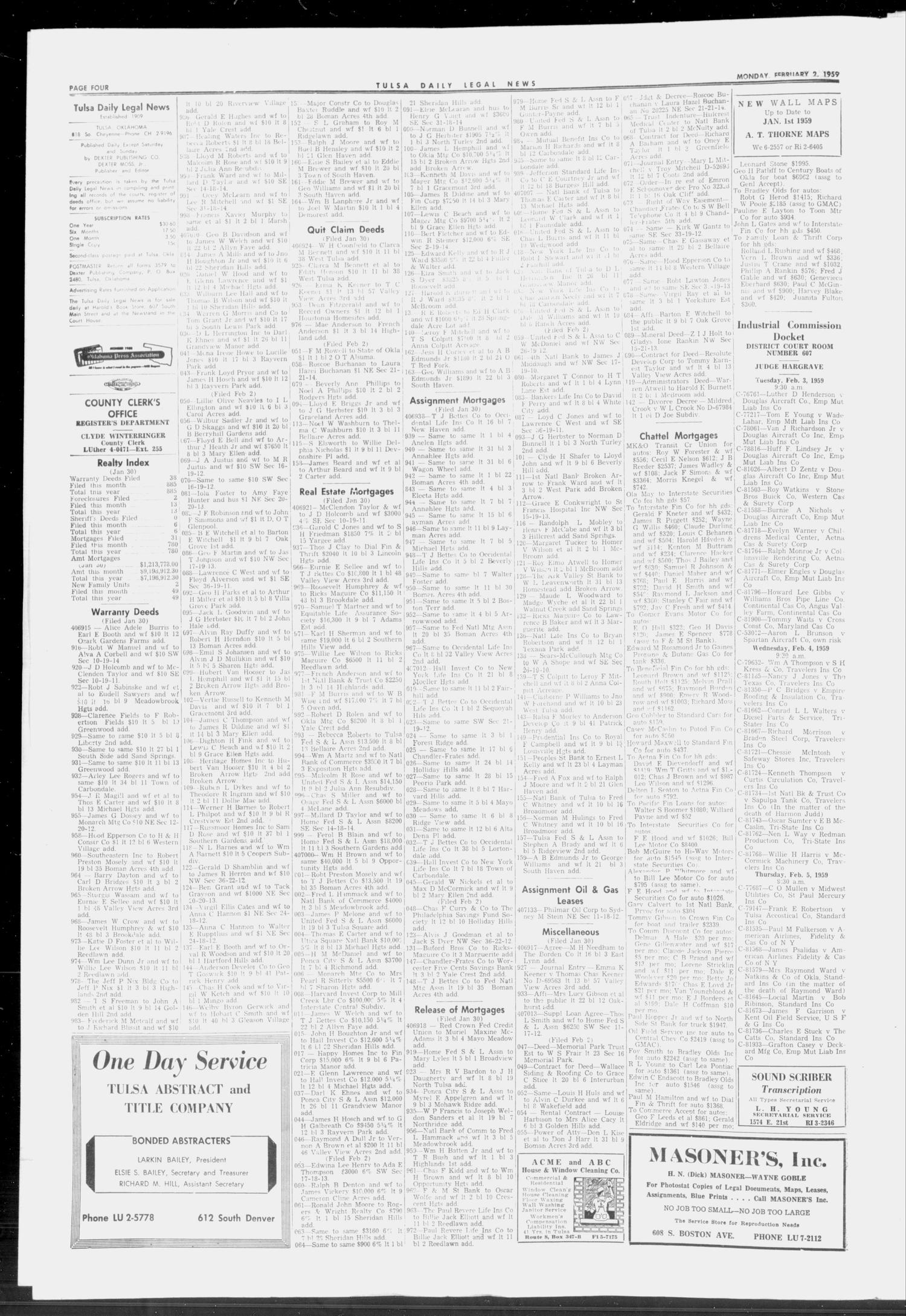 Tulsa Daily Legal News (Tulsa, Okla.), Vol. 49, No. 23, Ed. 1 Monday, February 2, 1959
                                                
                                                    [Sequence #]: 4 of 8
                                                