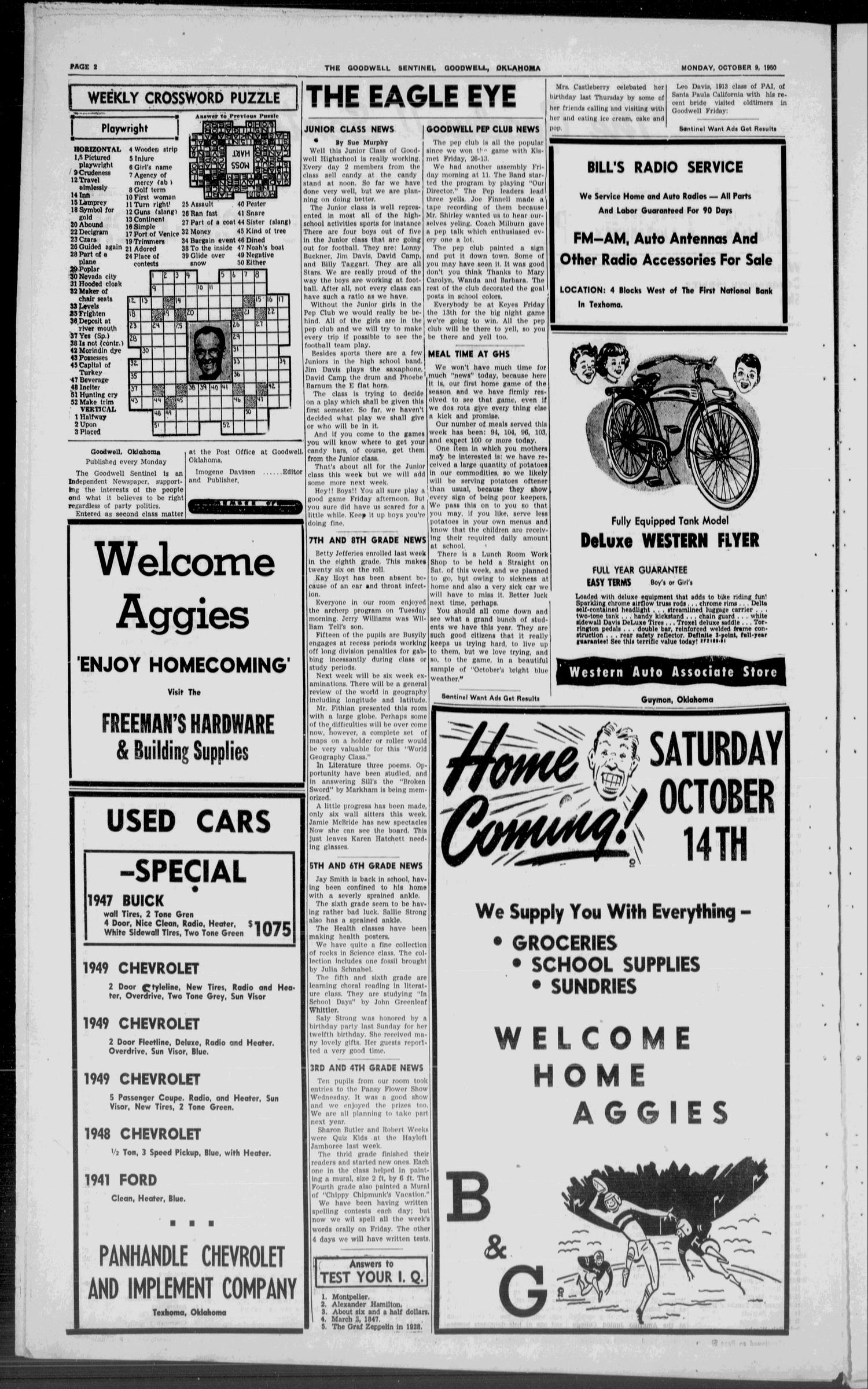 The Goodwell Sentinel (Goodwell, Okla.), Vol. 1, No. 39, Ed. 1 Monday, October 9, 1950
                                                
                                                    [Sequence #]: 2 of 6
                                                