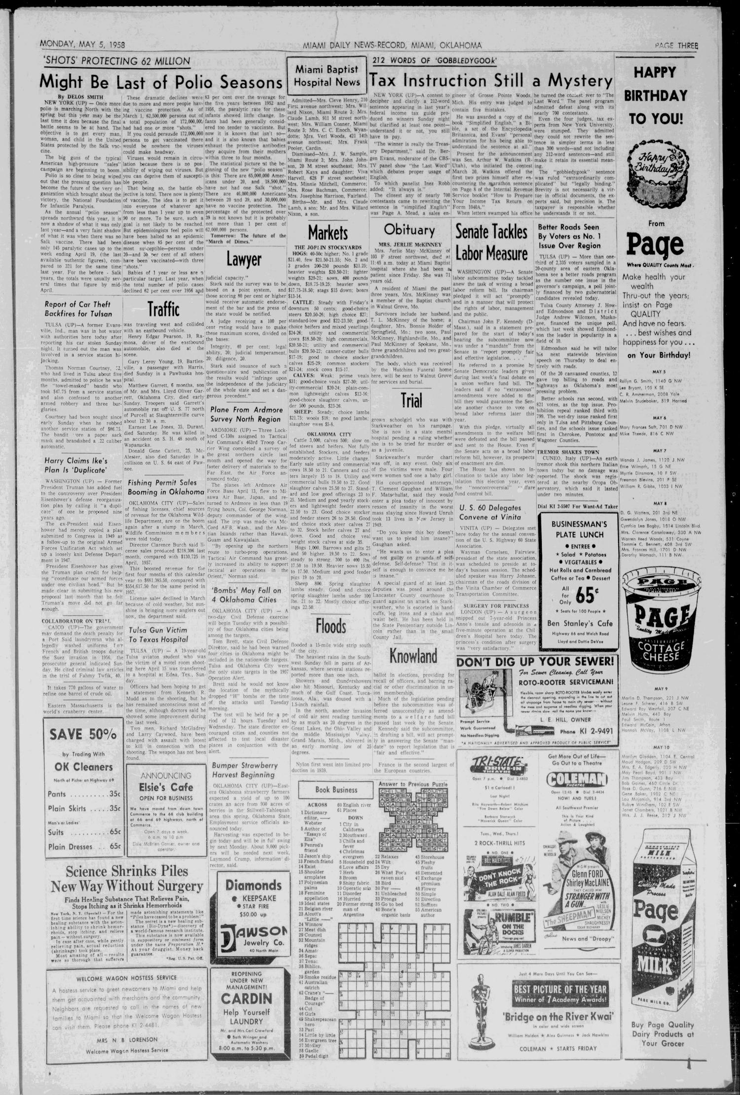 Miami Daily News-Record (Miami, Okla.), Vol. 55, No. 264, Ed. 1 Monday, May 5, 1958
                                                
                                                    [Sequence #]: 3 of 8
                                                