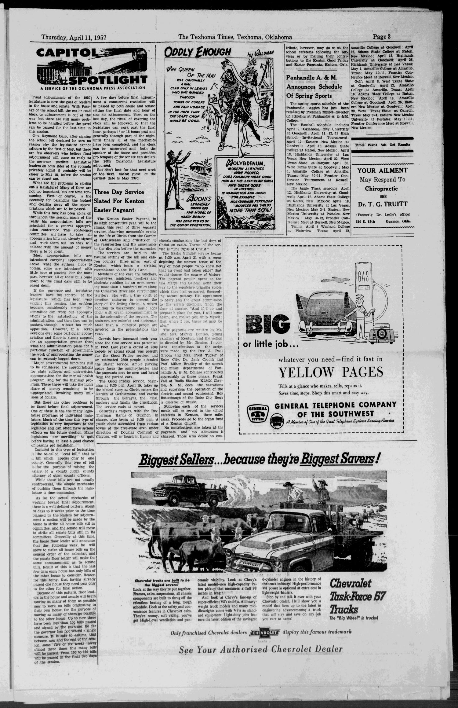 The Texhoma Times (Texhoma, Okla.), Vol. 54, No. 36, Ed. 1 Thursday, April 11, 1957
                                                
                                                    [Sequence #]: 3 of 8
                                                