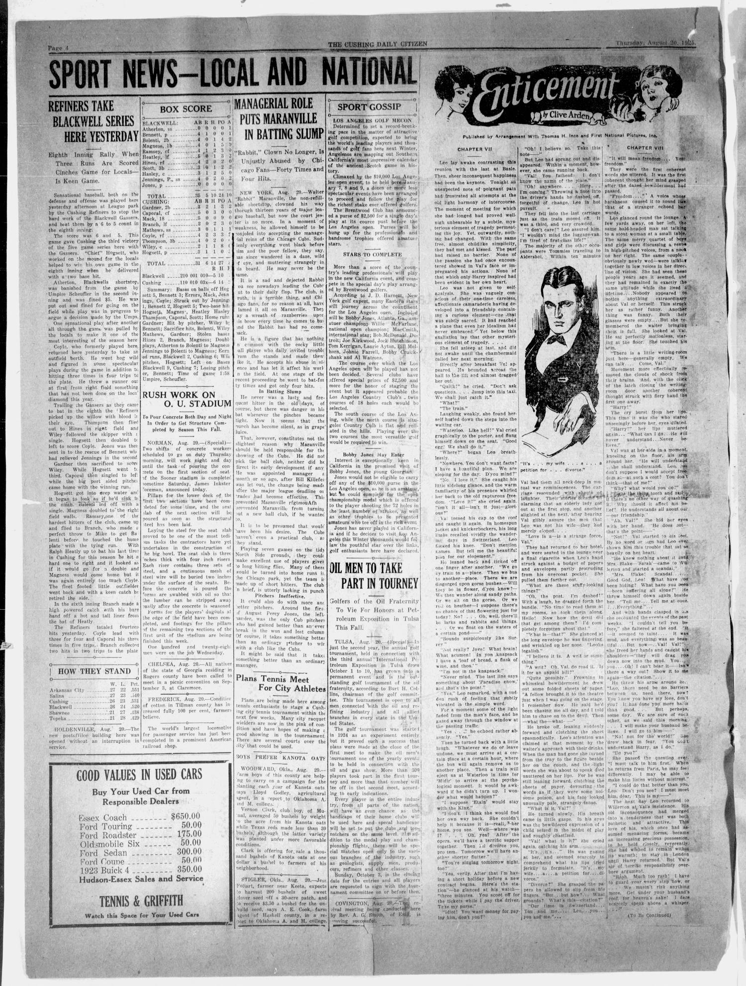 The Cushing Daily Citizen (Cushing, Okla.), Vol. 2, No. 185, Ed. 1 Thursday, August 20, 1925
                                                
                                                    [Sequence #]: 4 of 8
                                                