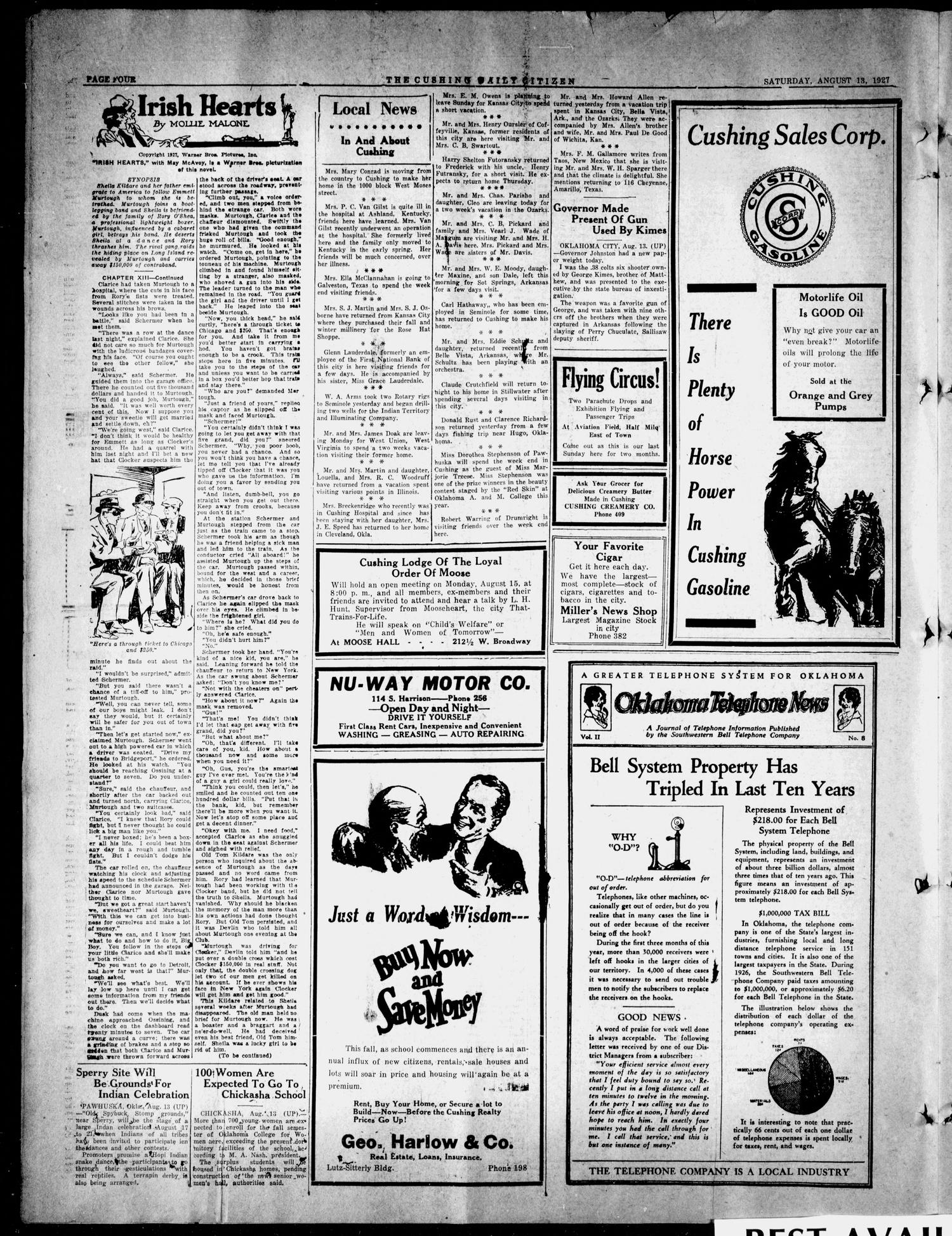 The Cushing Daily Citizen (Cushing, Okla.), Vol. 4, No. 233, Ed. 1 Saturday, August 13, 1927
                                                
                                                    [Sequence #]: 4 of 8
                                                