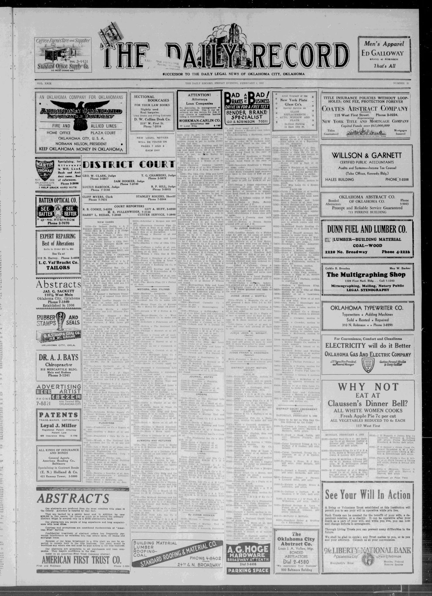 The Daily Record (Oklahoma City, Okla.), Vol. 29, No. 31, Ed. 1 Friday, February 5, 1932
                                                
                                                    [Sequence #]: 1 of 8
                                                