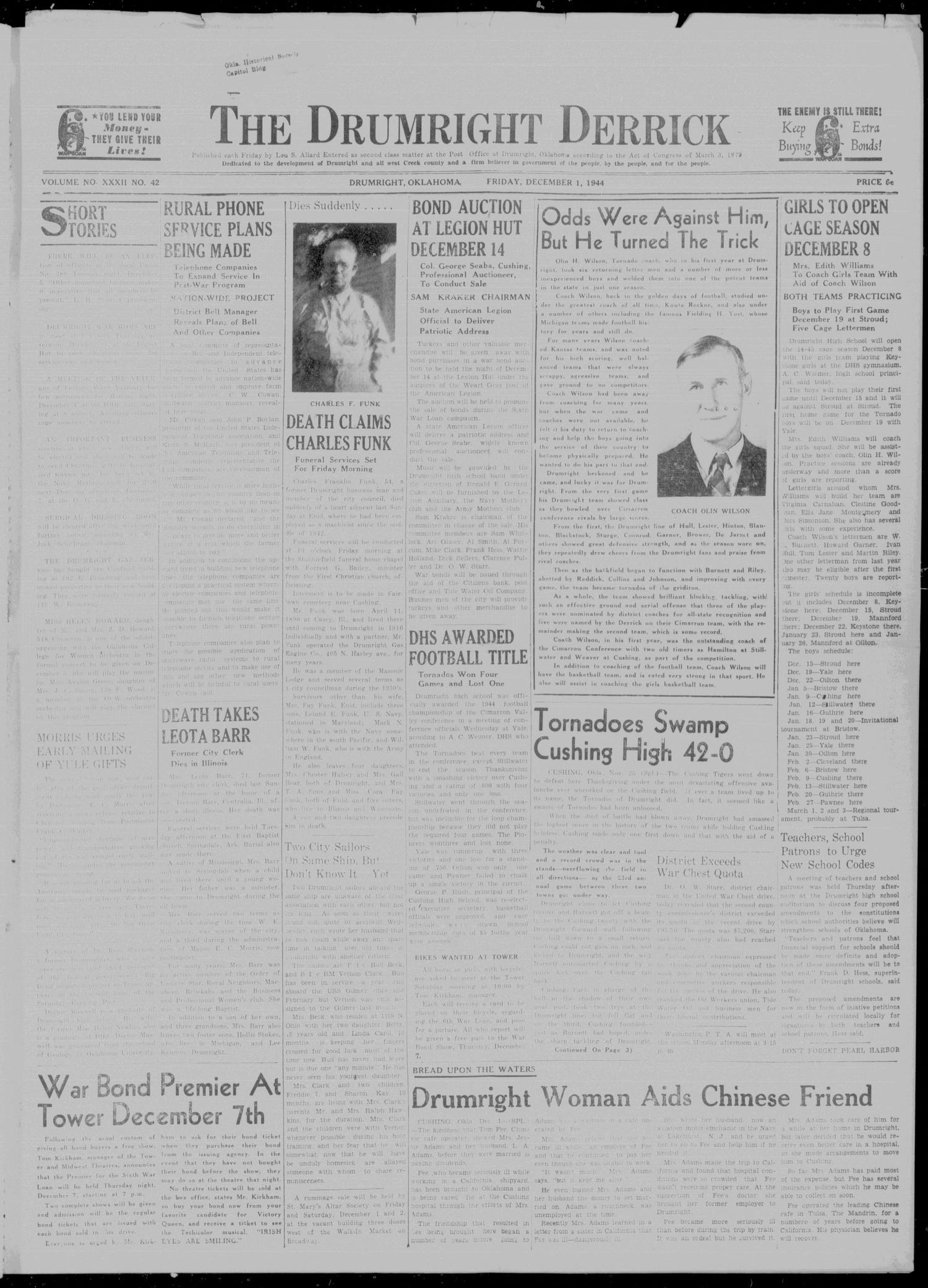 The Drumright Derrick (Drumright, Okla.), Vol. 32, No. 42, Ed. 1 Friday, December 1, 1944
                                                
                                                    [Sequence #]: 1 of 8
                                                