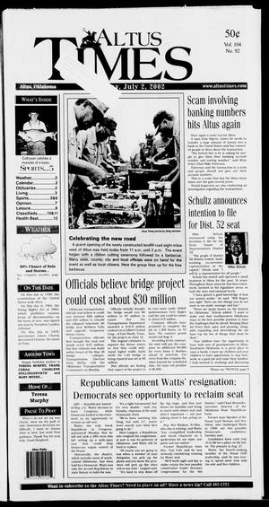 Primary view of object titled 'Altus Times (Altus, Okla.), Vol. 104, No. 92, Ed. 1 Tuesday, July 2, 2002'.