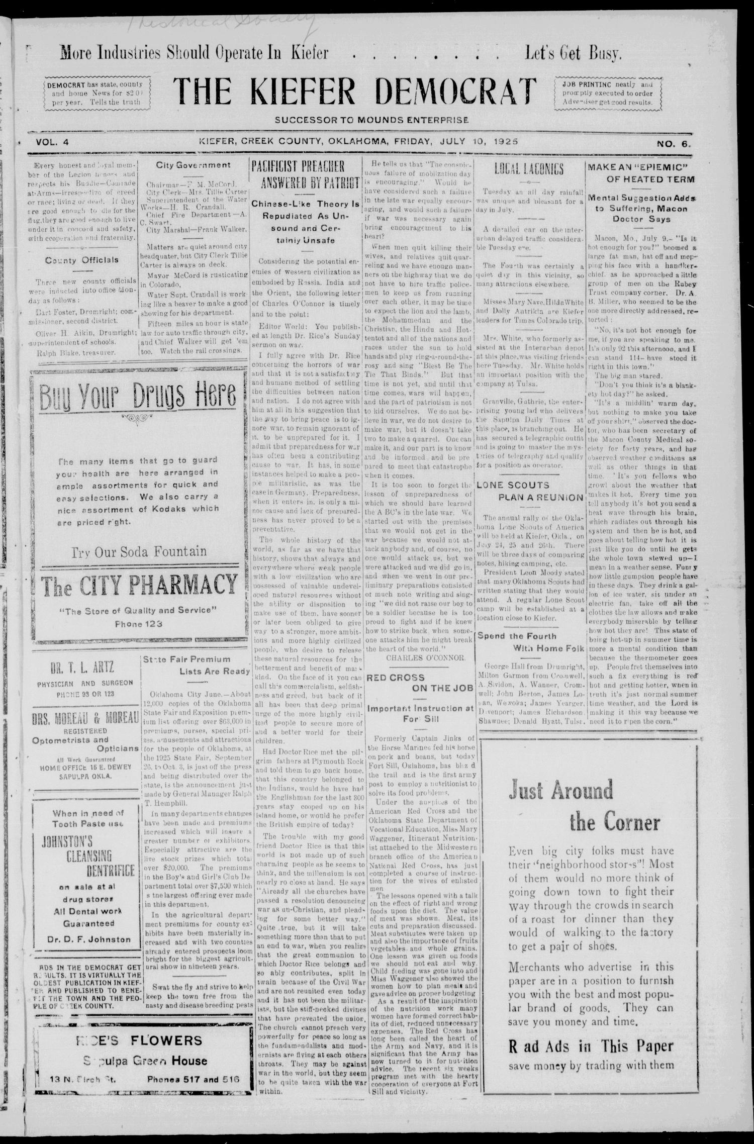 The Kiefer Democrat (Kiefer, Okla.), Vol. 4, No. 6, Ed. 1 Friday, July 10, 1925
                                                
                                                    [Sequence #]: 1 of 8
                                                