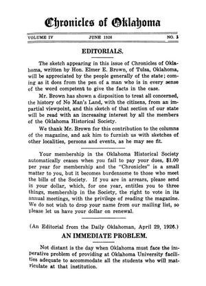 Editorial: Chronicles of Oklahoma, Volume 4, Number 2, June 1926
