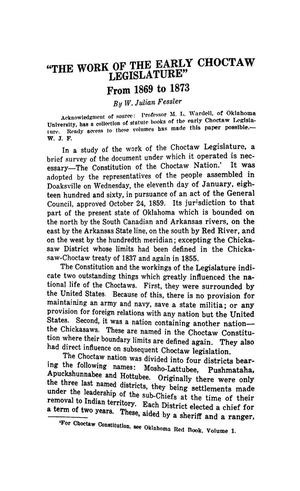 The Work of the Early Choctaw Legislature From 1869 to 1873