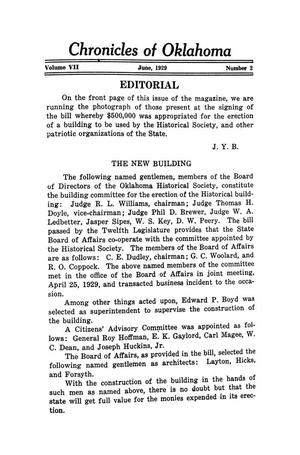 Editorials: Chronicles of Oklahoma, Volume 7, Number 2, June 1929