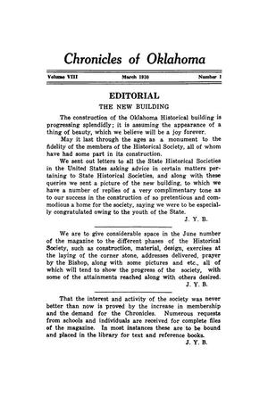 Editorial: Chronicles of Oklahoma, Volume 8, Number 1, March 1930