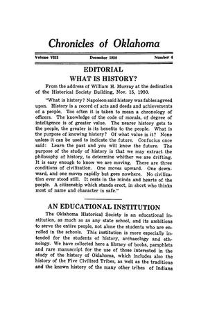 Editorial: Chronicles of Oklahoma, Volume 8, Number 4, December 1930