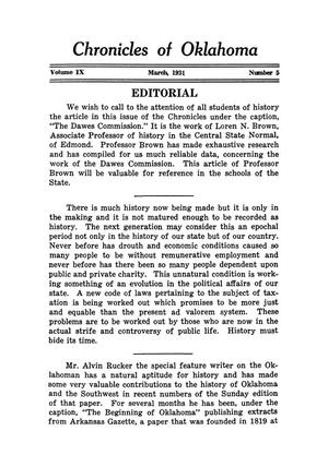Editorial: Chronicles of Oklahoma, Volume 9, Number 1, March 1931