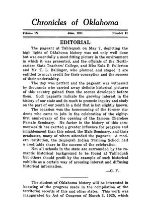 Editorial: Chronicles of Oklahoma, Volume 9, Number 2, June 1931