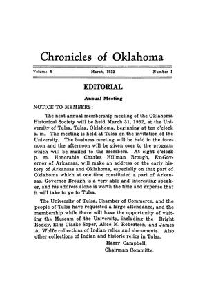 Editorial: Chronicles of Oklahoma, Volume 10, Number 1, March 1932