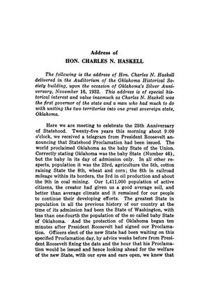 Primary view of object titled 'Address of Hon. Charles N. Haskell'.