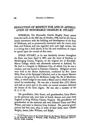 Primary view of object titled 'Resolution of Respect for and in Appreciation of Honorable Charles B. Stuart'.