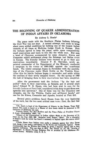The Beginning of Quaker Administration of Indian Affairs in Oklahoma