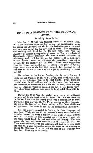 Diary of a Missionary to the Choctaws, 1860-1861