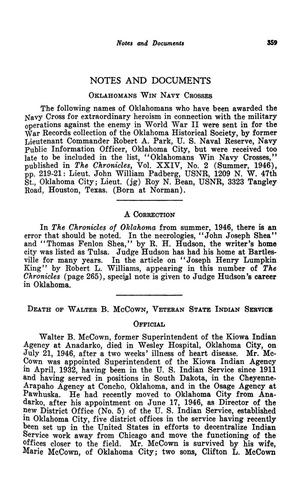 Notes and Documents, Chronicles of Oklahoma, Volume 24, Number 3, Autumn 1946