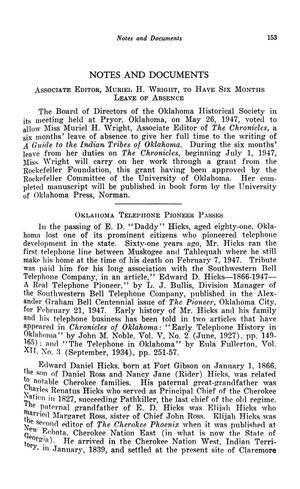 Notes and Documents, Chronicles of Oklahoma, Volume 25, Number 2, Summer 1947