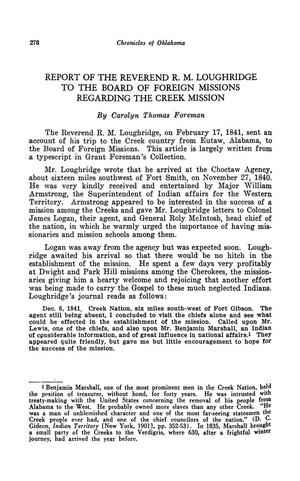 Report of the Reverend R. M. Loughridge to the Board of Foreign Missions Regarding the Creek Mission