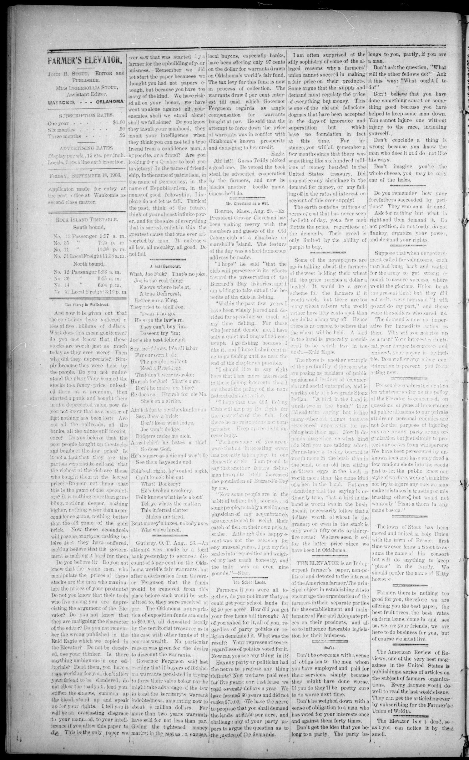 Farmers Elevator (Waukmois, Okla.), Vol. 1, No. 15, Ed. 1 Friday, September 18, 1903
                                                
                                                    [Sequence #]: 4 of 8
                                                