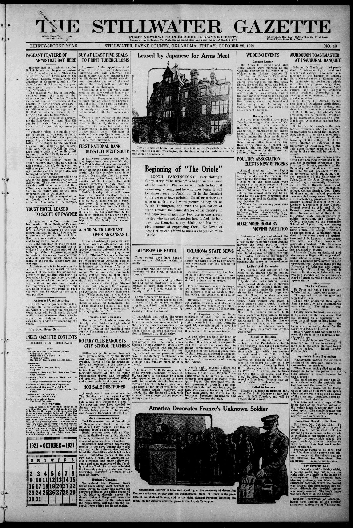 The Stillwater Gazette (Stillwater, Okla.), Vol. 32, No. 48, Ed. 1 Friday, October 28, 1921
                                                
                                                    [Sequence #]: 1 of 8
                                                
