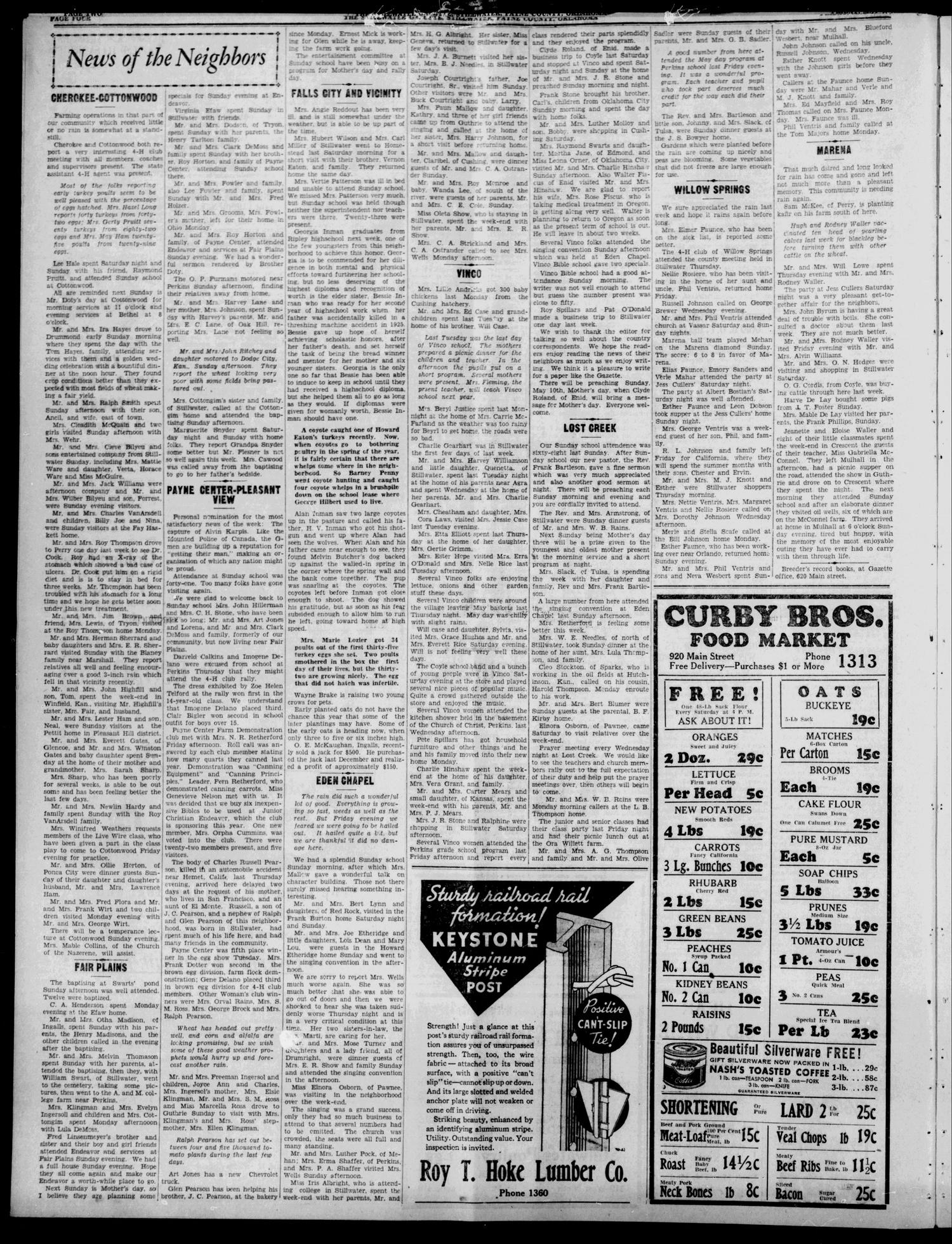 The Stillwater Gazette (Stillwater, Okla.), Vol. 47, No. 26, Ed. 1 Friday, May 8, 1936
                                                
                                                    [Sequence #]: 4 of 8
                                                