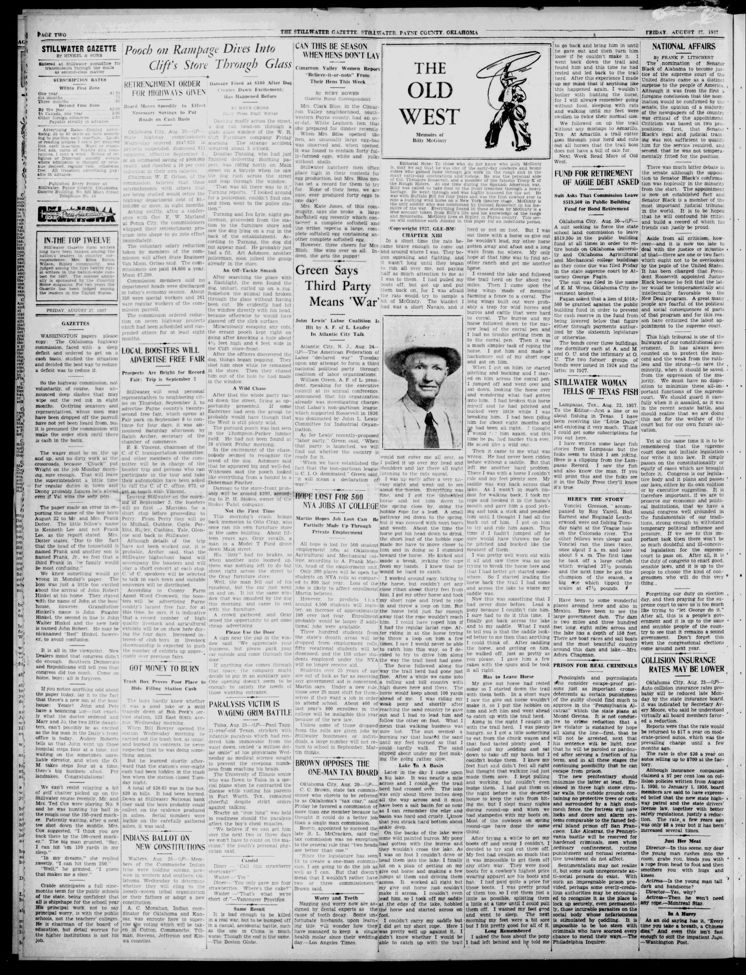 The Stillwater Gazette (Stillwater, Okla.), Vol. 48, No. 42, Ed. 1 Friday, August 27, 1937
                                                
                                                    [Sequence #]: 2 of 8
                                                