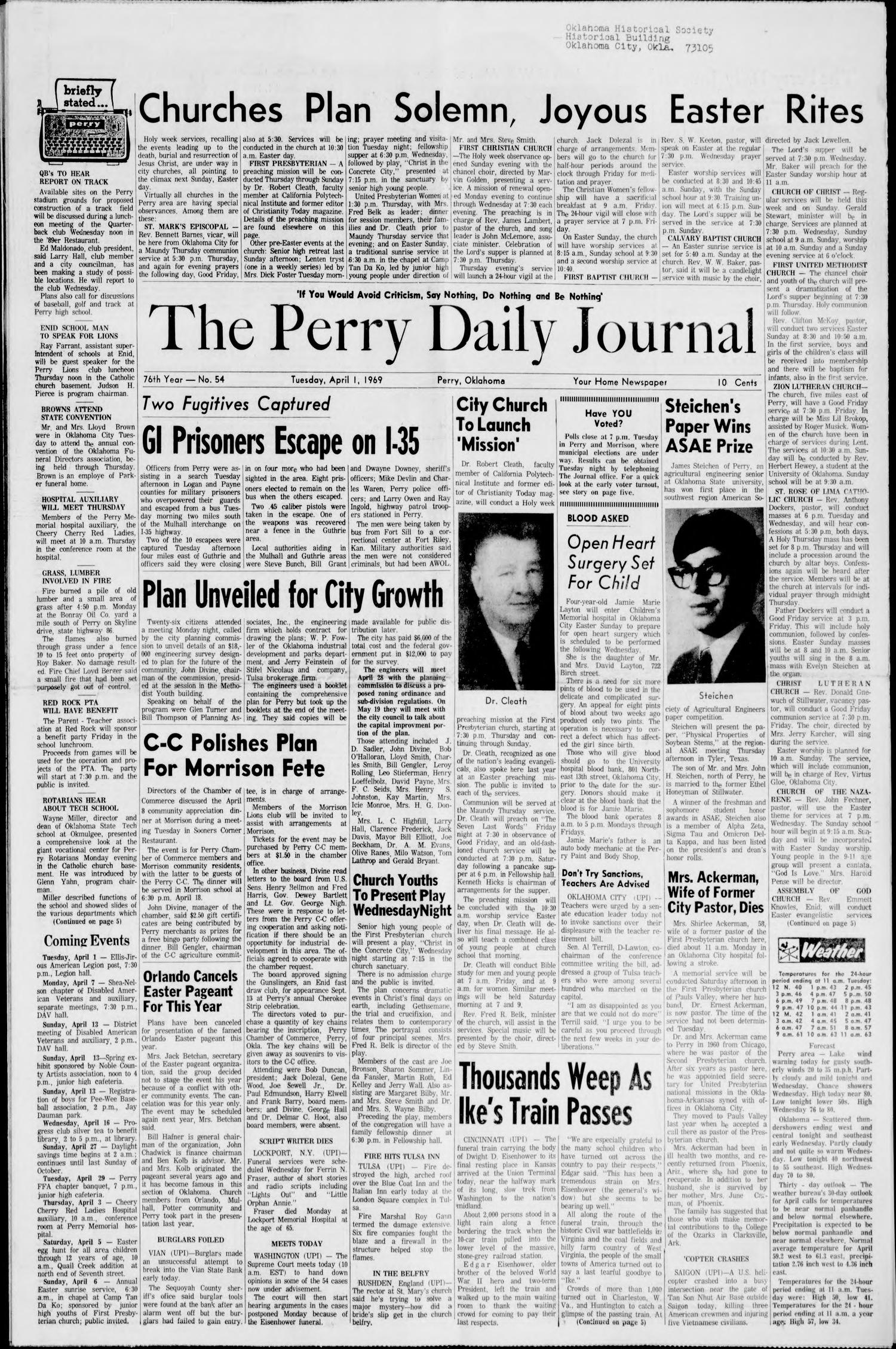The Perry Daily Journal (Perry, Okla.), Vol. 76, No. 54, Ed. 1 Tuesday, April 1, 1969
                                                
                                                    [Sequence #]: 1 of 8
                                                