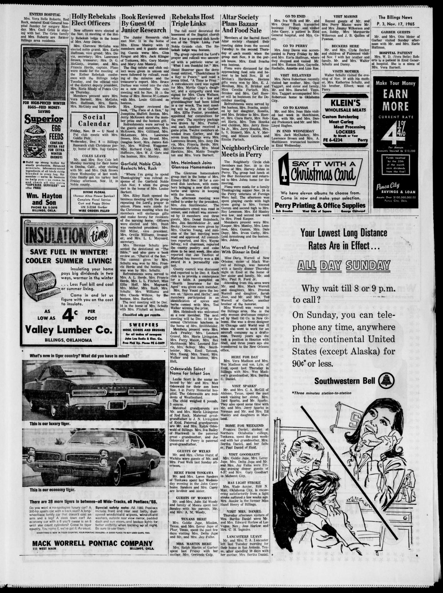 The Billings News (Billings, Okla.), Vol. 68, No. 51, Ed. 1 Wednesday, November 17, 1965
                                                
                                                    [Sequence #]: 3 of 4
                                                