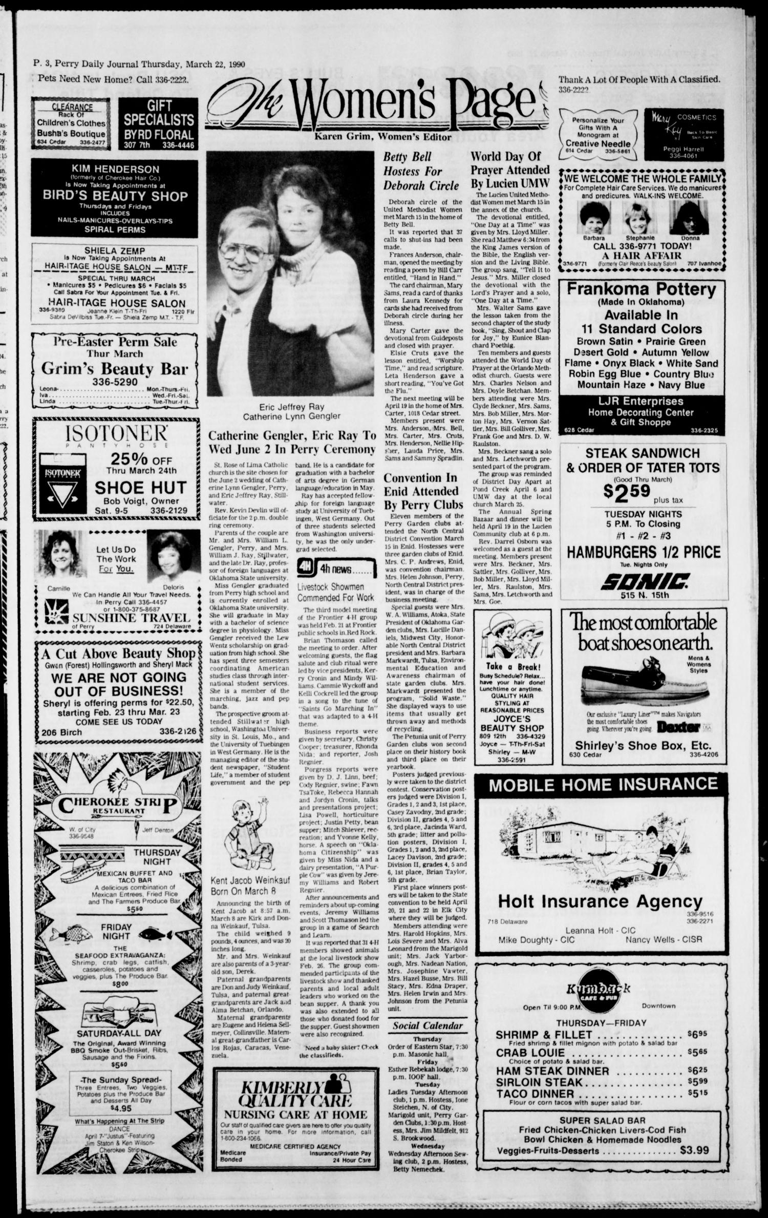 The Perry Daily Journal (Perry, Okla.), Vol. 97, No. 35, Ed. 1 Thursday, March 22, 1990
                                                
                                                    [Sequence #]: 3 of 12
                                                