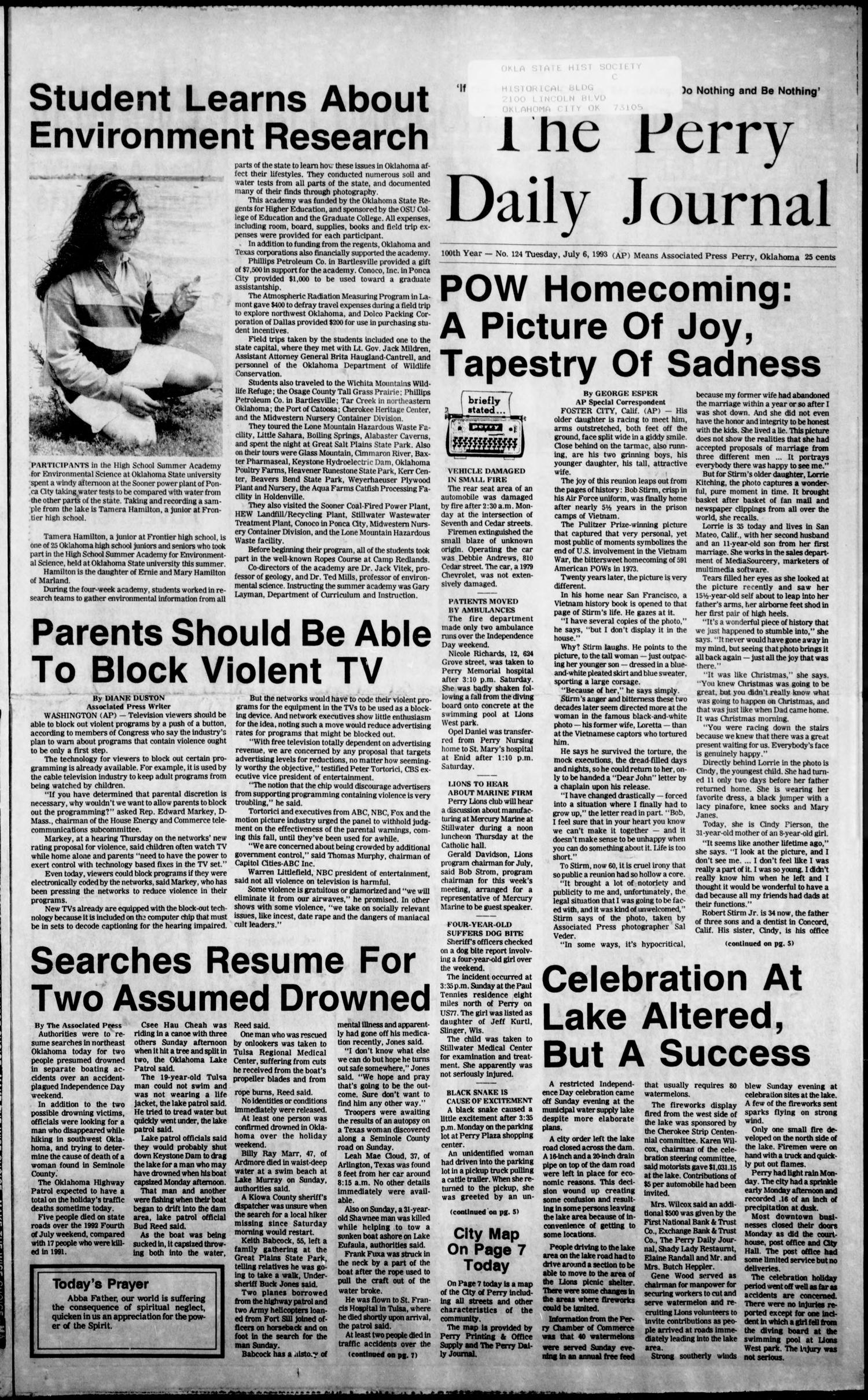 The Perry Daily Journal (Perry, Okla.), Vol. 100, No. 124, Ed. 1 Tuesday, July 6, 1993
                                                
                                                    [Sequence #]: 1 of 10
                                                