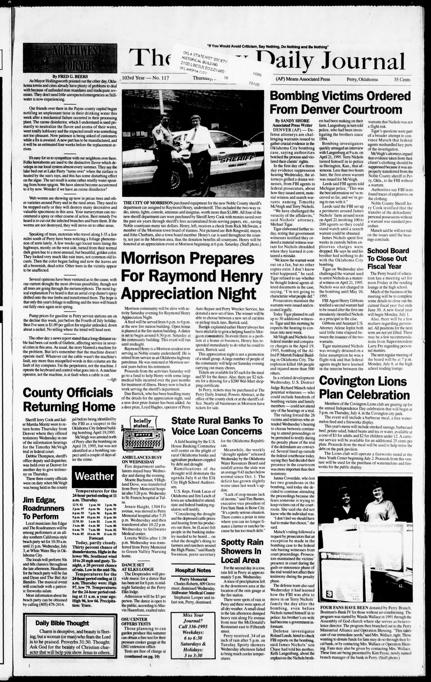 The Perry Daily Journal (Perry, Okla.), Vol. 103, No. 117, Ed. 1 Thursday, June 27, 1996
                                                
                                                    [Sequence #]: 1 of 10
                                                