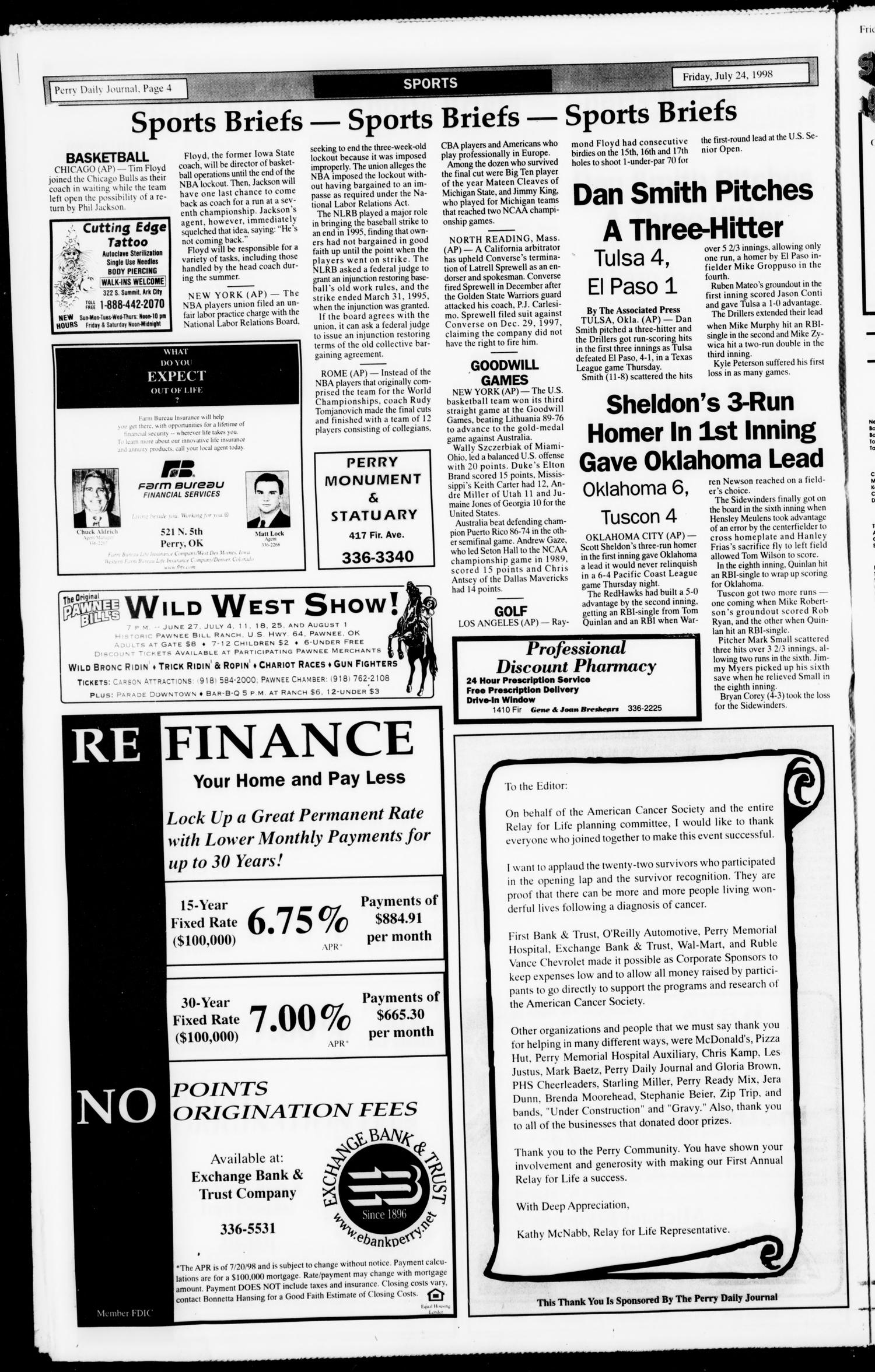 Perry Daily Journal (Perry, Okla.), Vol. 105, No. 144, Ed. 1 Friday, July 24, 1998
                                                
                                                    [Sequence #]: 4 of 12
                                                