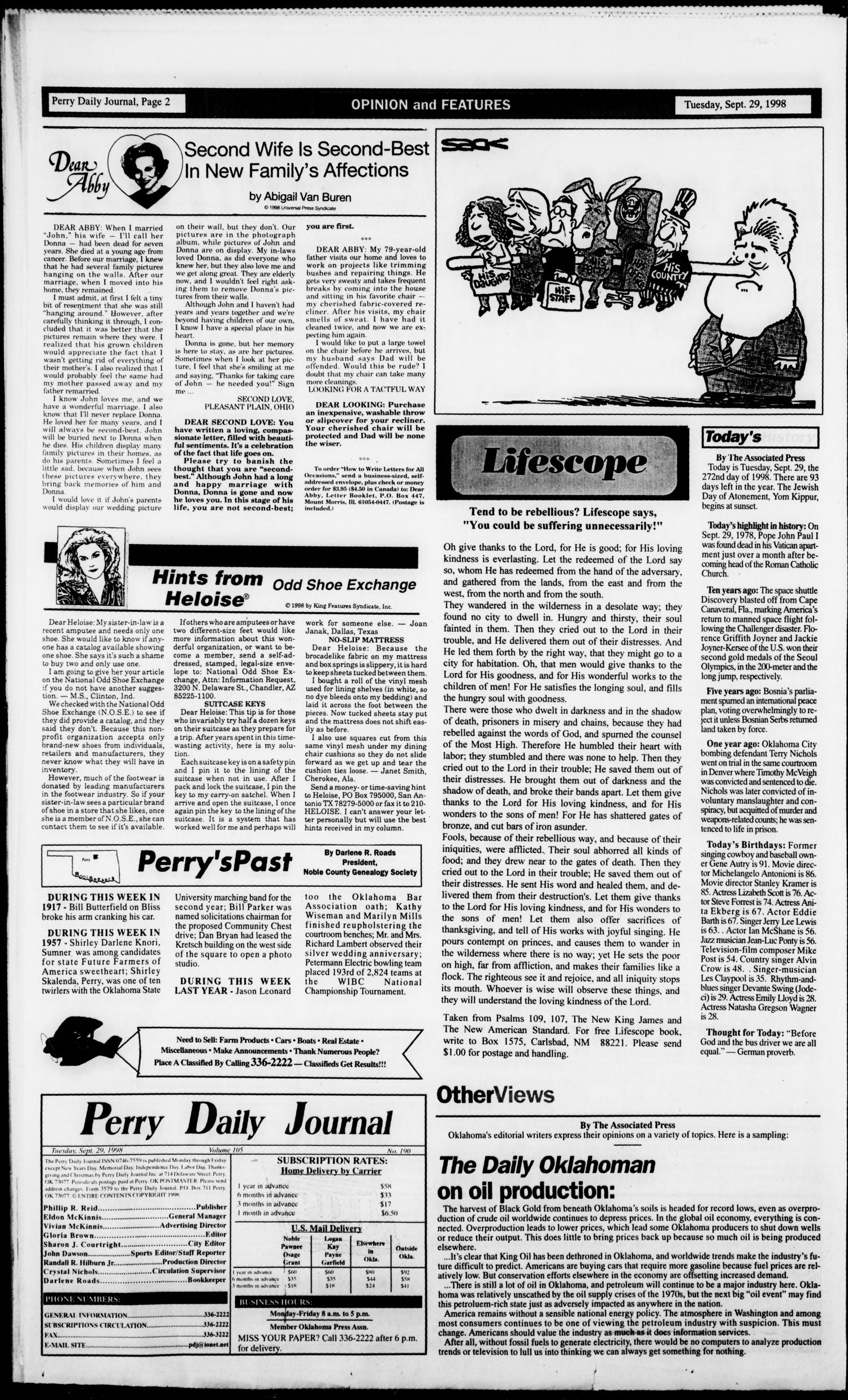Perry Daily Journal (Perry, Okla.), Vol. 105, No. 190, Ed. 1 Tuesday, September 29, 1998
                                                
                                                    [Sequence #]: 2 of 12
                                                