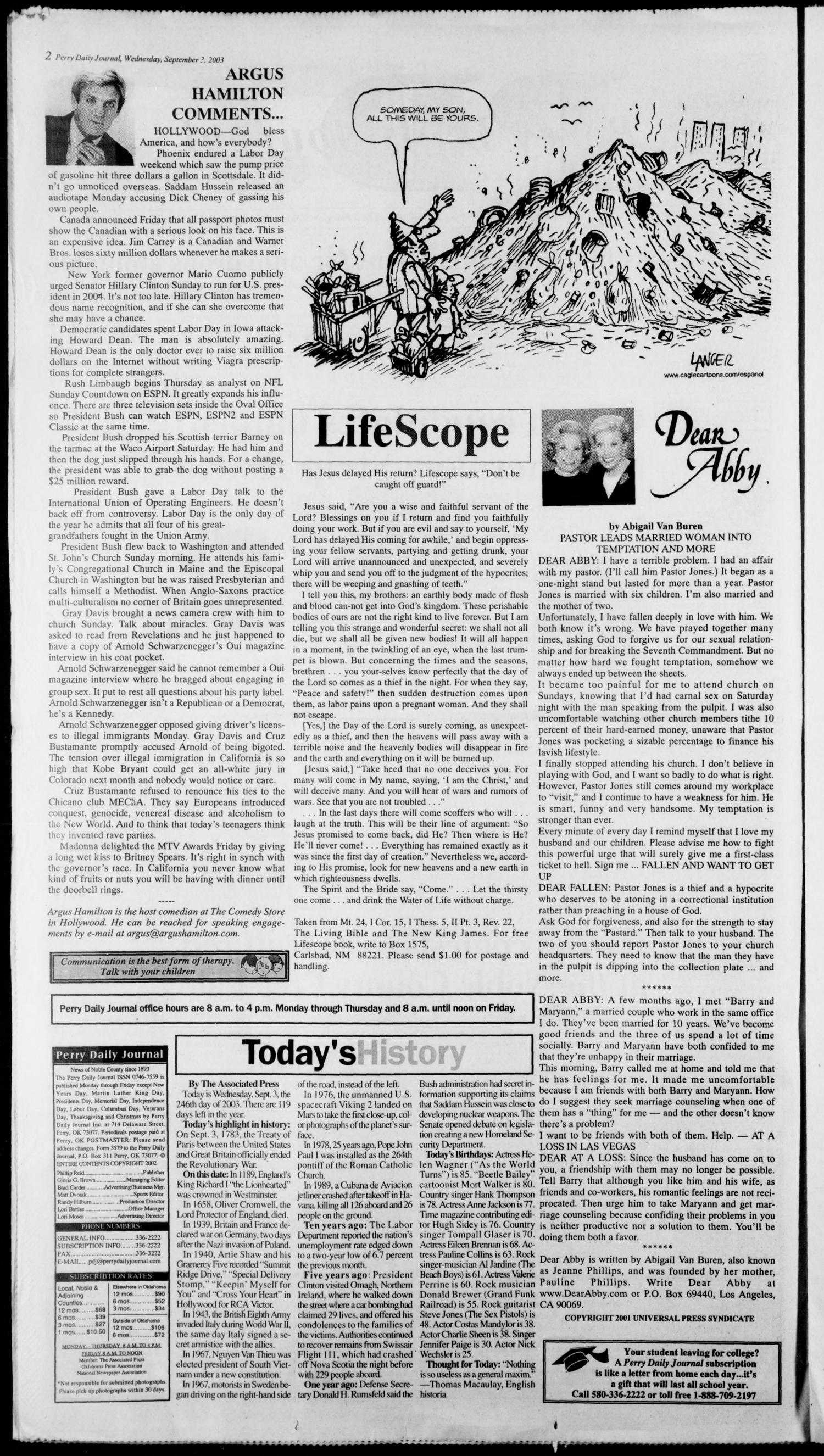 Perry Daily Journal (Perry, Okla.), Vol. 110, No. 163, Ed. 1 Wednesday, September 3, 2003
                                                
                                                    [Sequence #]: 2 of 8
                                                