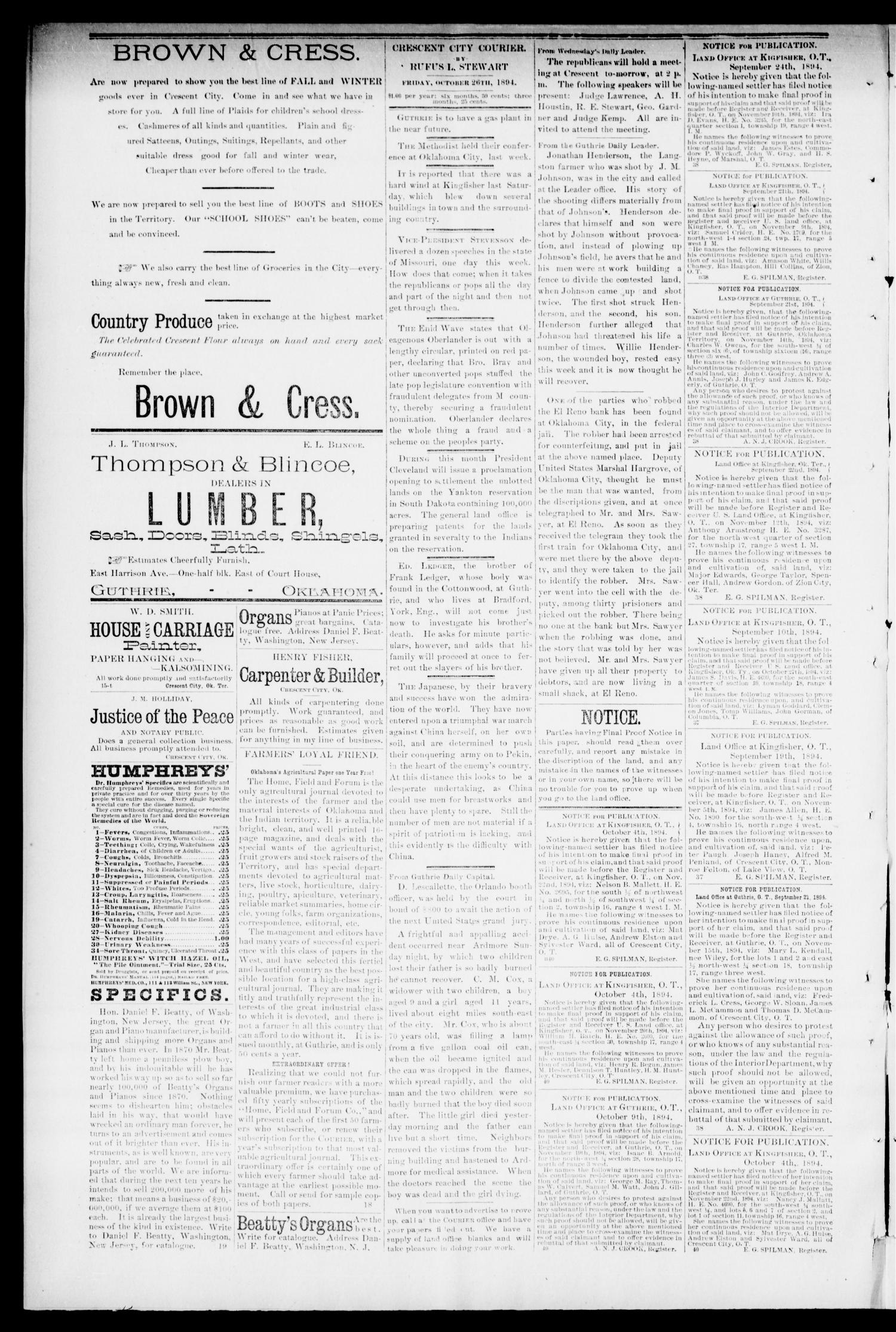 Crescent City Courier. (Crescent City, Okla. Terr.), Vol. 1, No. 42, Ed. 1 Friday, October 26, 1894
                                                
                                                    [Sequence #]: 2 of 4
                                                