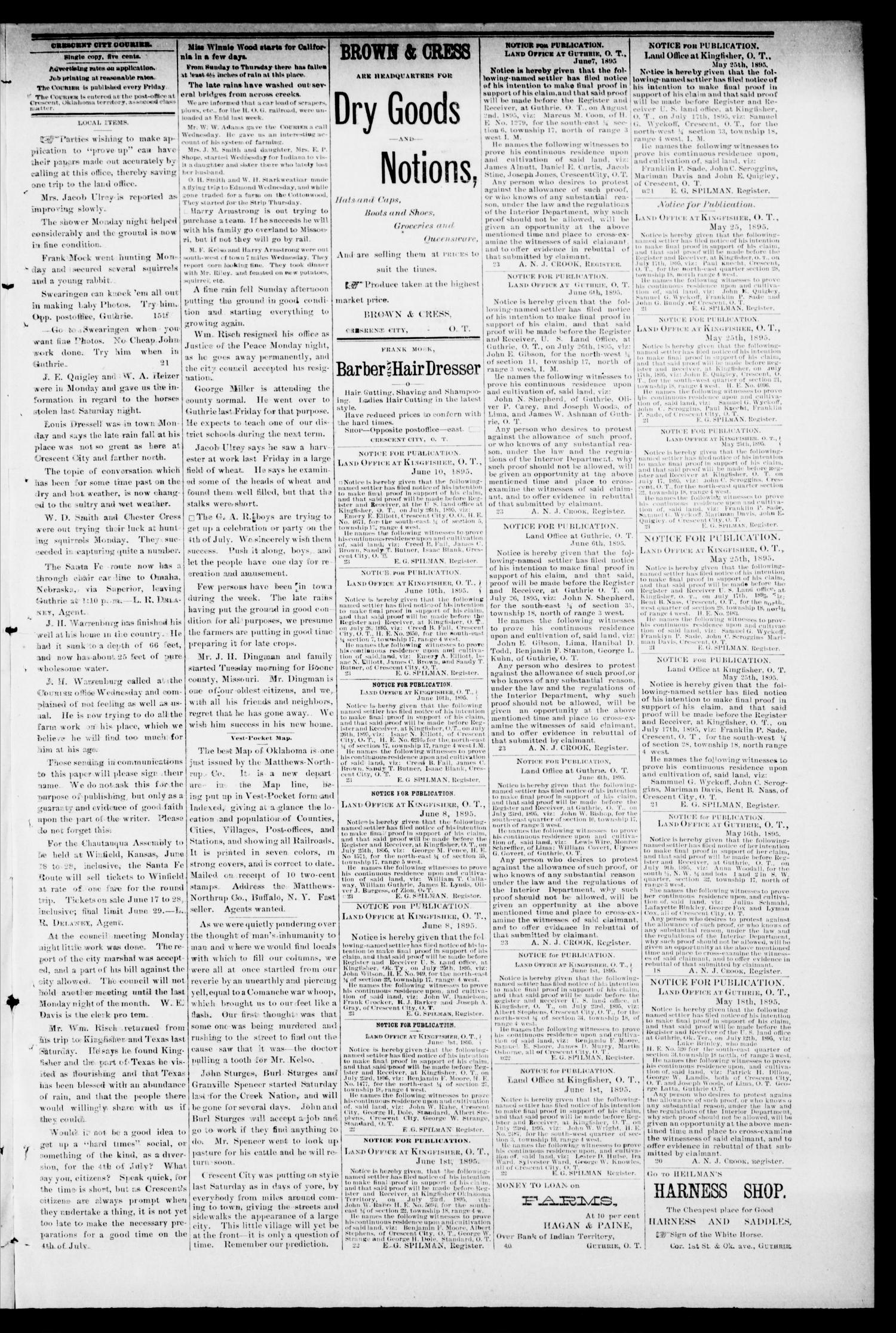 Crescent City Courier. (Crescent City, Okla. Terr.), Vol. 2, No. 23, Ed. 1 Friday, June 14, 1895
                                                
                                                    [Sequence #]: 3 of 4
                                                