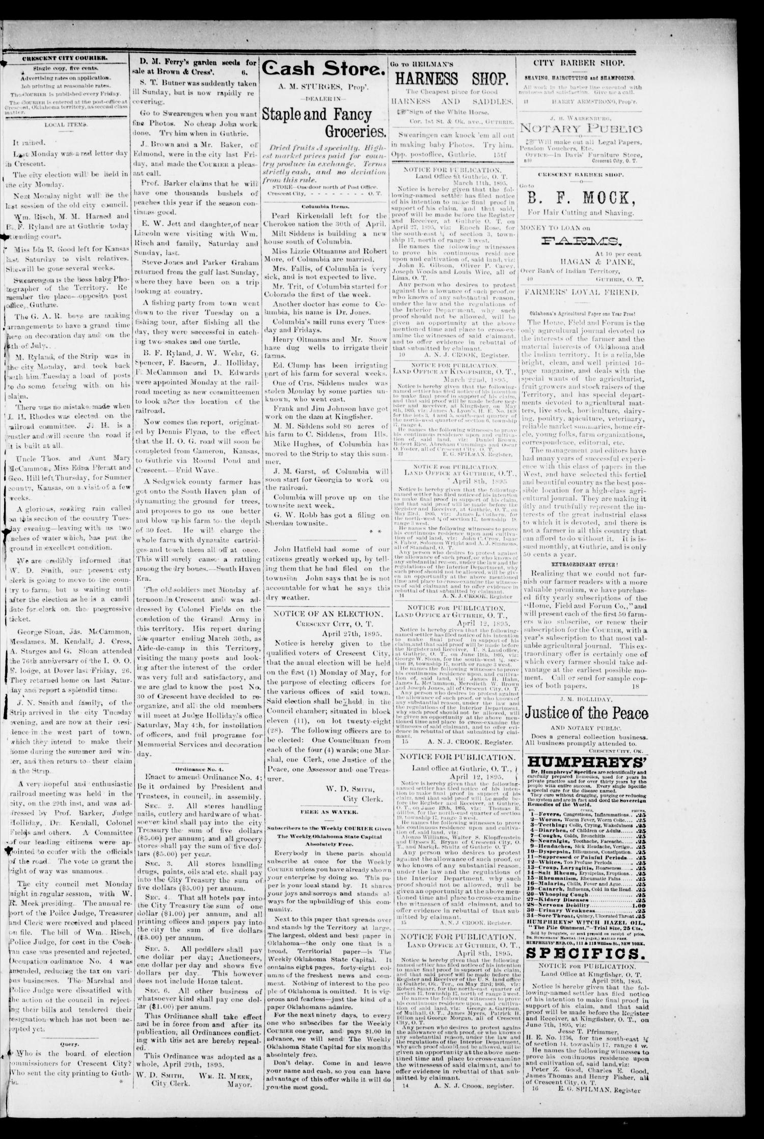 Crescent City Courier. (Crescent City, Okla. Terr.), Vol. 2, No. 17, Ed. 1 Friday, May 3, 1895
                                                
                                                    [Sequence #]: 3 of 4
                                                