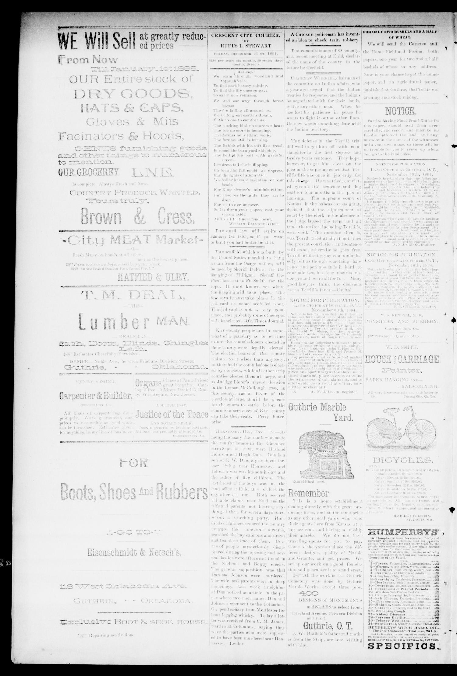 Crescent City Courier. (Crescent City, Okla. Terr.), Vol. 1, No. 50, Ed. 1 Friday, December 21, 1894
                                                
                                                    [Sequence #]: 2 of 4
                                                