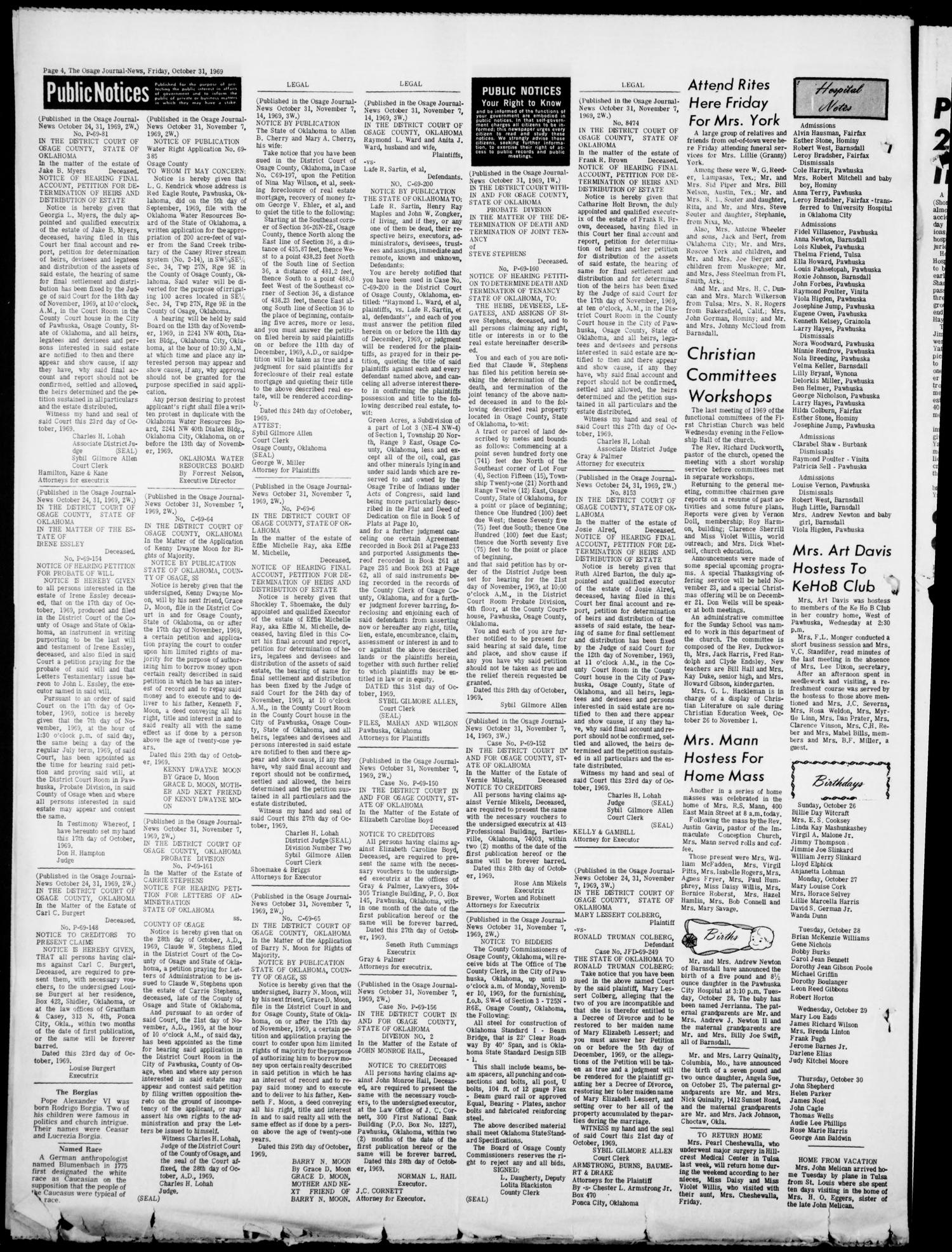 The Osage Journal-News (Pawhuska, Okla.), Vol. 60, No. 44, Ed. 1 Friday, October 31, 1969
                                                
                                                    [Sequence #]: 4 of 4
                                                