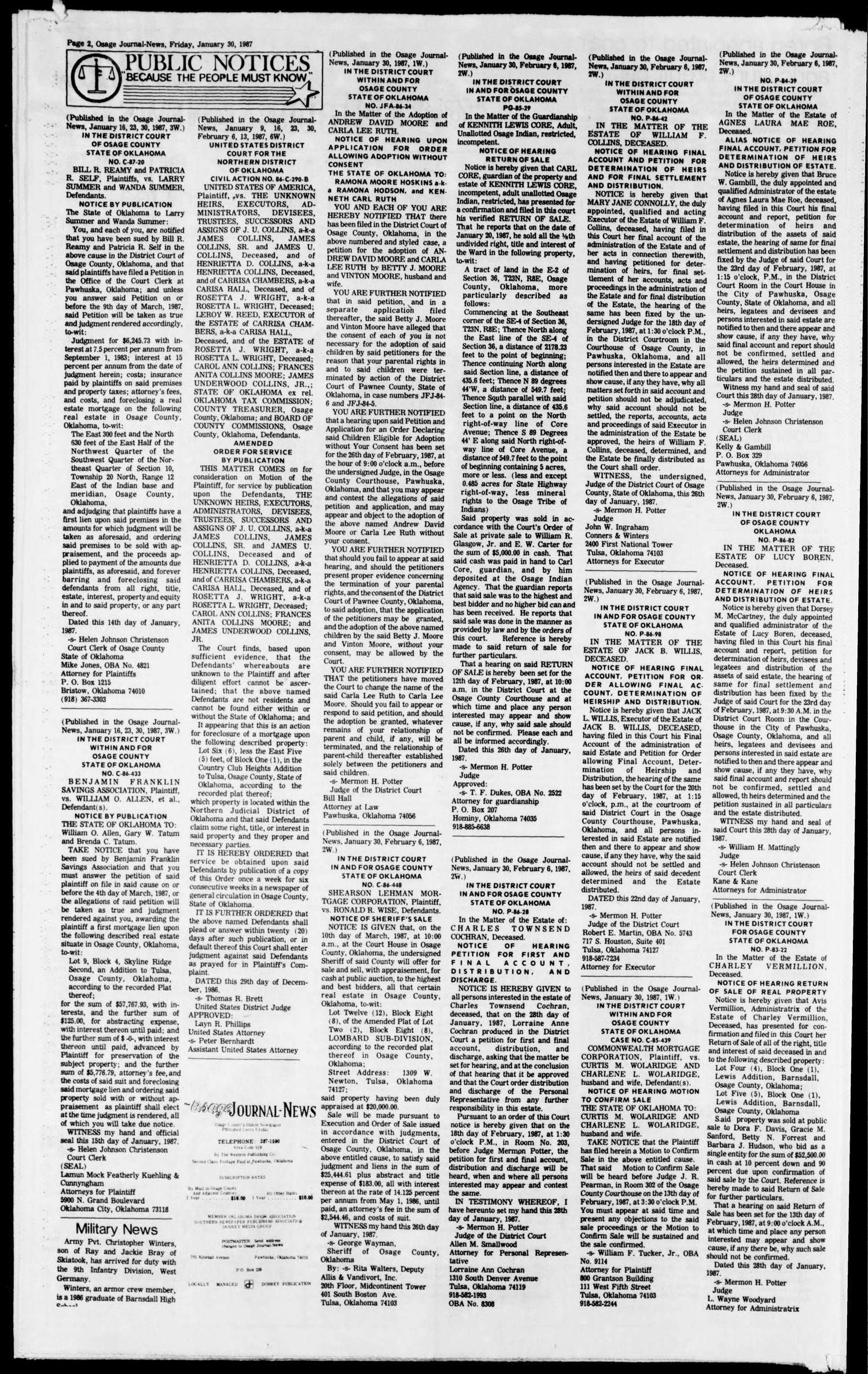 The Osage Journal-News (Pawhuska, Okla.), Vol. 77, No. 5, Ed. 1 Friday, January 30, 1987
                                                
                                                    [Sequence #]: 2 of 4
                                                