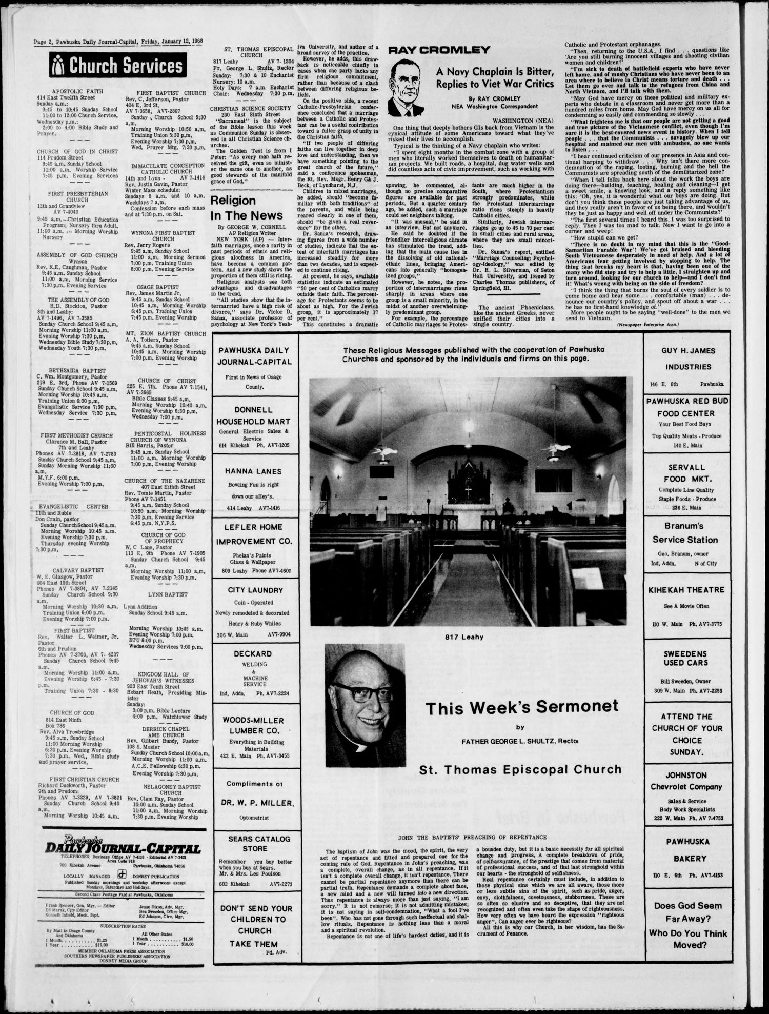 Pawhuska Daily Journal-Capital (Pawhuska, Okla.), Vol. 59, No. 9, Ed. 1 Friday, January 12, 1968
                                                
                                                    [Sequence #]: 2 of 6
                                                