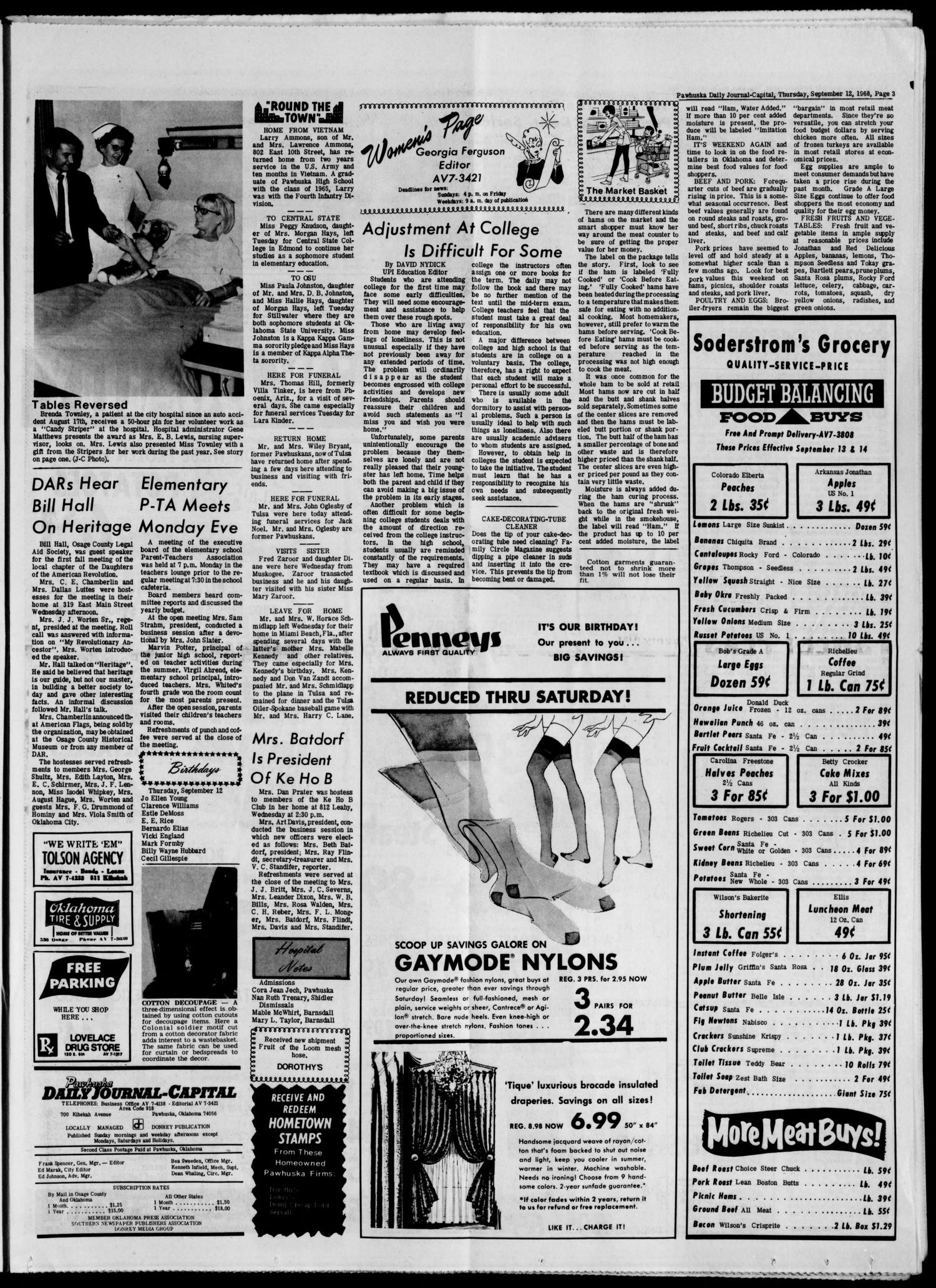 Pawhuska Daily Journal-Capital (Pawhuska, Okla.), Vol. 59, No. 182, Ed. 1 Thursday, September 12, 1968
                                                
                                                    [Sequence #]: 3 of 8
                                                