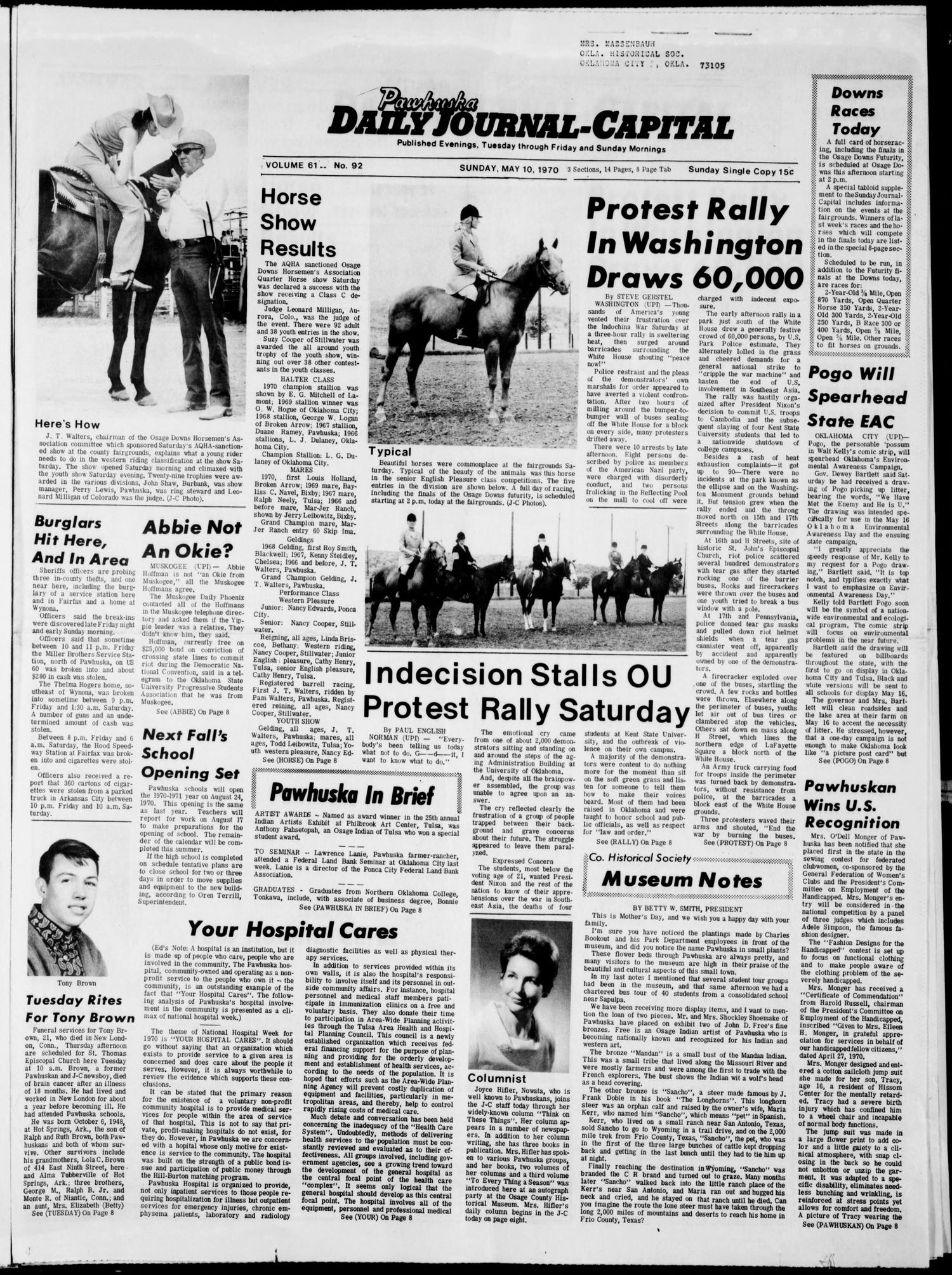 Pawhuska Daily Journal-Capital (Pawhuska, Okla.), Vol. 61, No. 92, Ed. 1 Sunday, May 10, 1970
                                                
                                                    [Sequence #]: 1 of 16
                                                