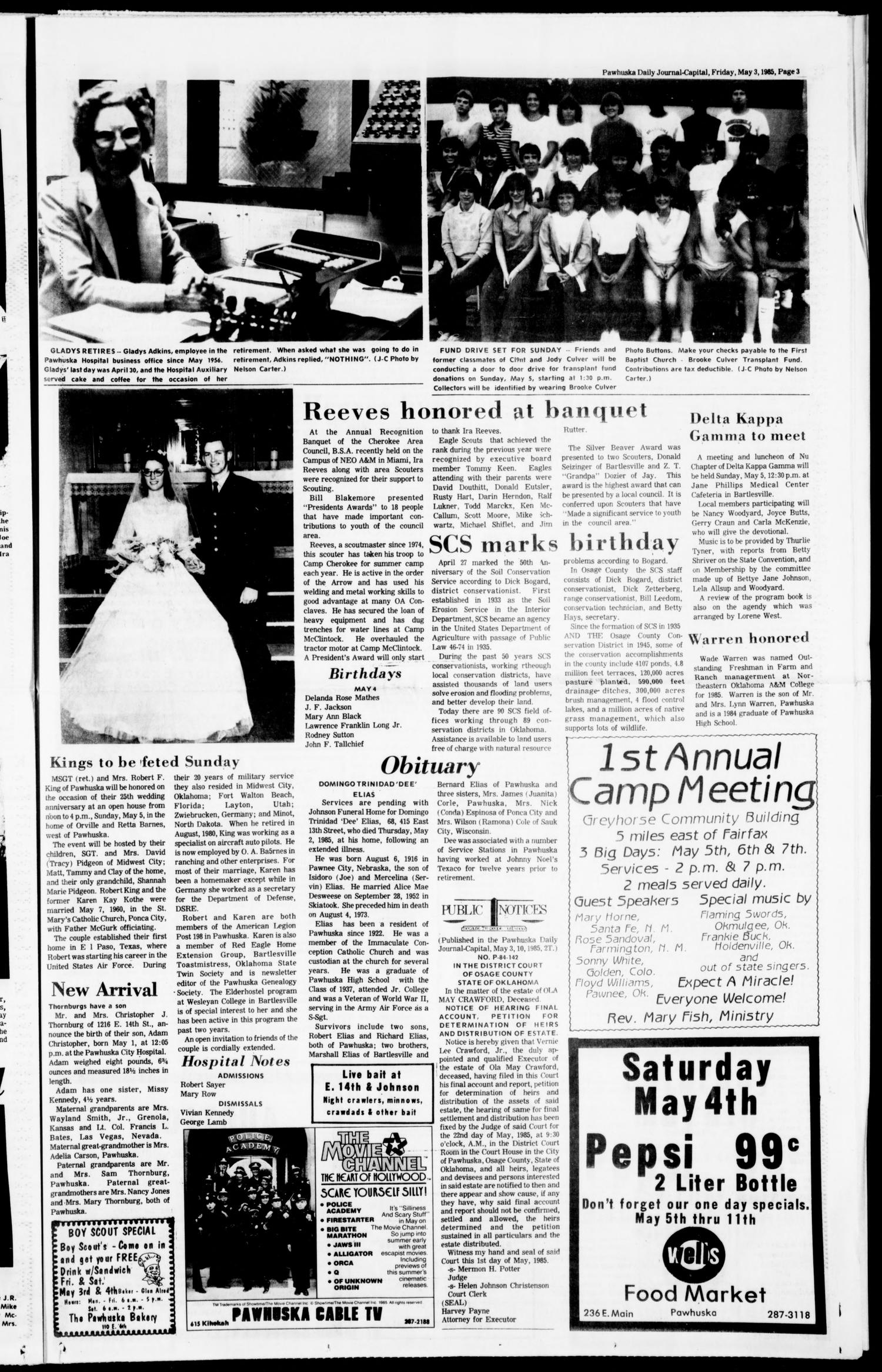 Pawhuska Daily Journal-Capital (Pawhuska, Okla.), Vol. 75, No. 88, Ed. 1 Friday, May 3, 1985
                                                
                                                    [Sequence #]: 3 of 10
                                                