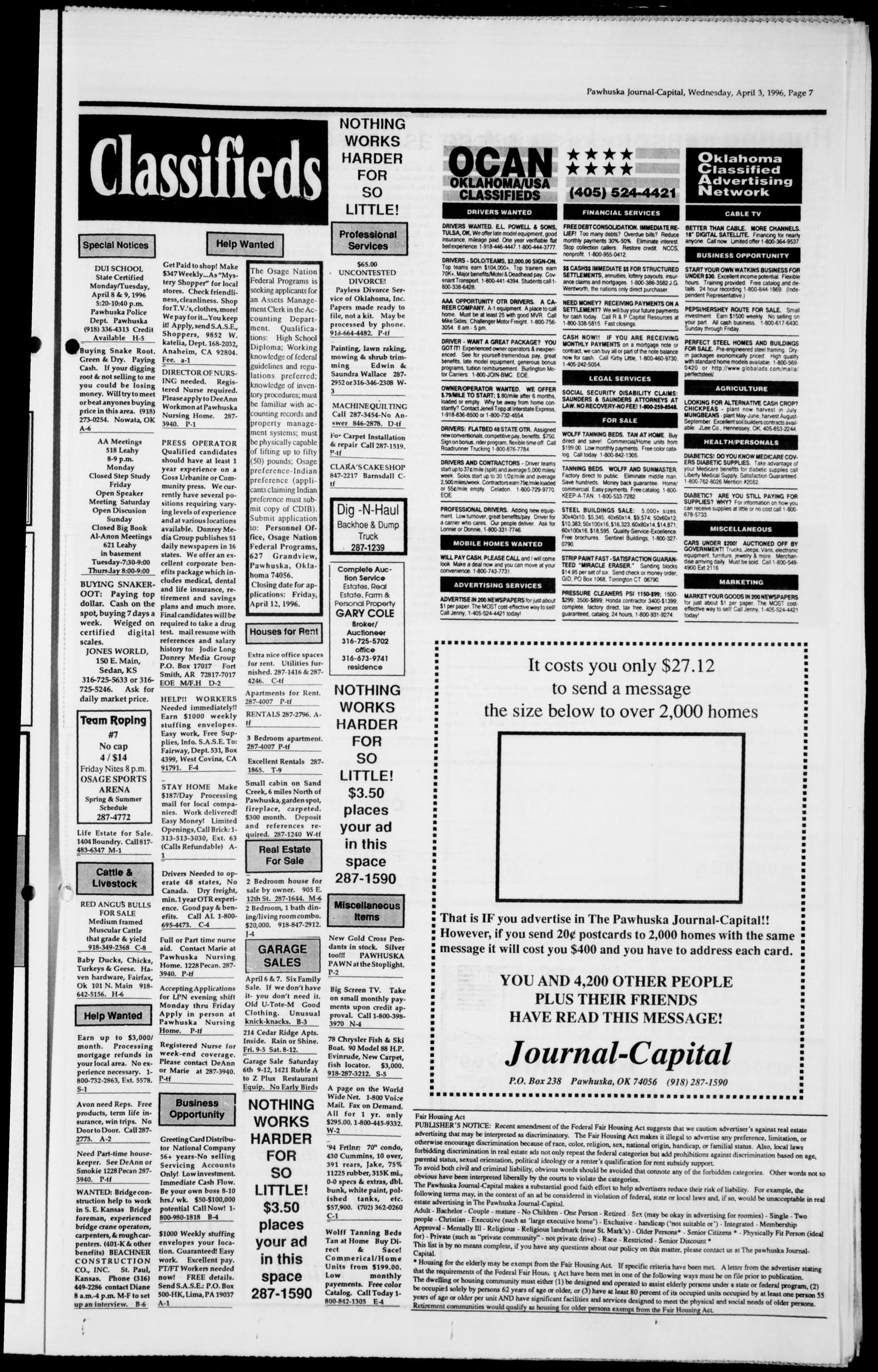 Pawhuska Journal-Capital (Pawhuska, Okla.), Vol. 86, No. 27, Ed. 1 Wednesday, April 3, 1996
                                                
                                                    [Sequence #]: 7 of 8
                                                