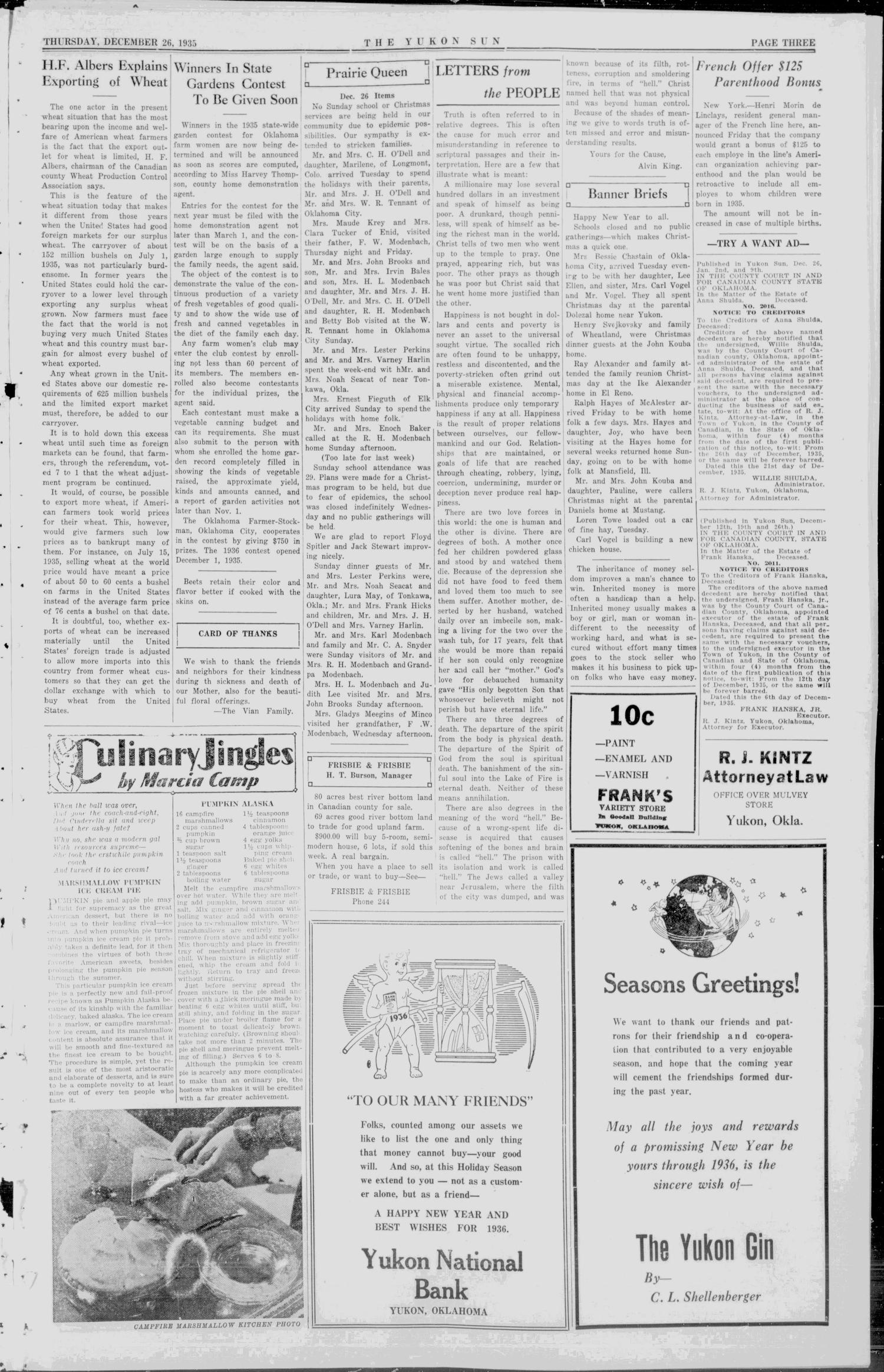 The Yukon Oklahoma Sun (Yukon, Okla.), Vol. 42, No. 11, Ed. 1 Thursday, December 26, 1935
                                                
                                                    [Sequence #]: 3 of 8
                                                